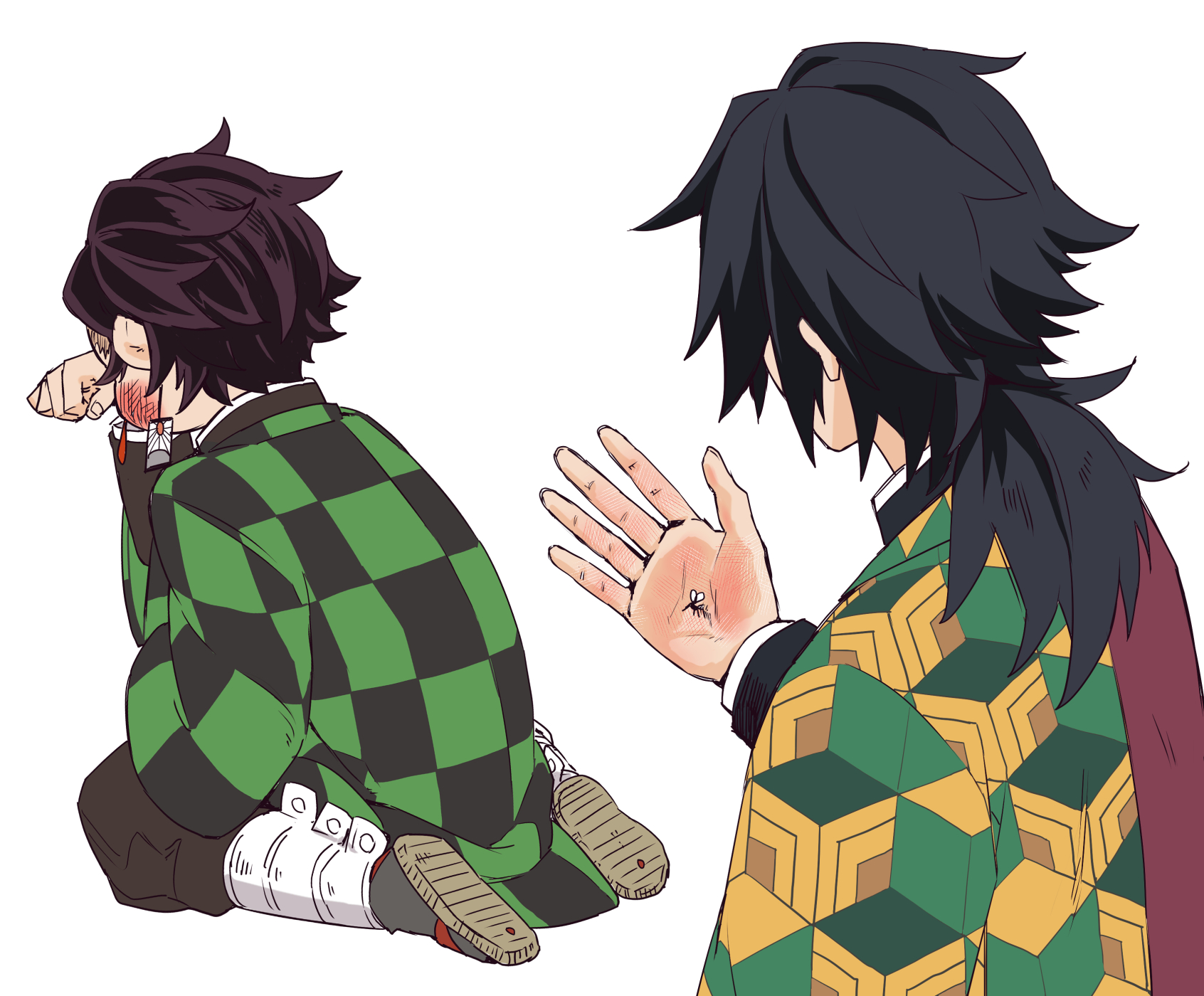 kamado tanjirou, tomioka giyuu, kimetsu no yaiba, highres, 2boys, black hair, black jacket, blood, bug, checkered haori, demon slayer uniform, from behind, full body, hanafuda, haori, high collar, insect, jacket, japanese clothes, kikkoumon, low ponytail, male focus, mosquito, multiple boys, ponytail, print haori, red haori, simple background, sitting, spiked hair, t0uji, upper body, white background