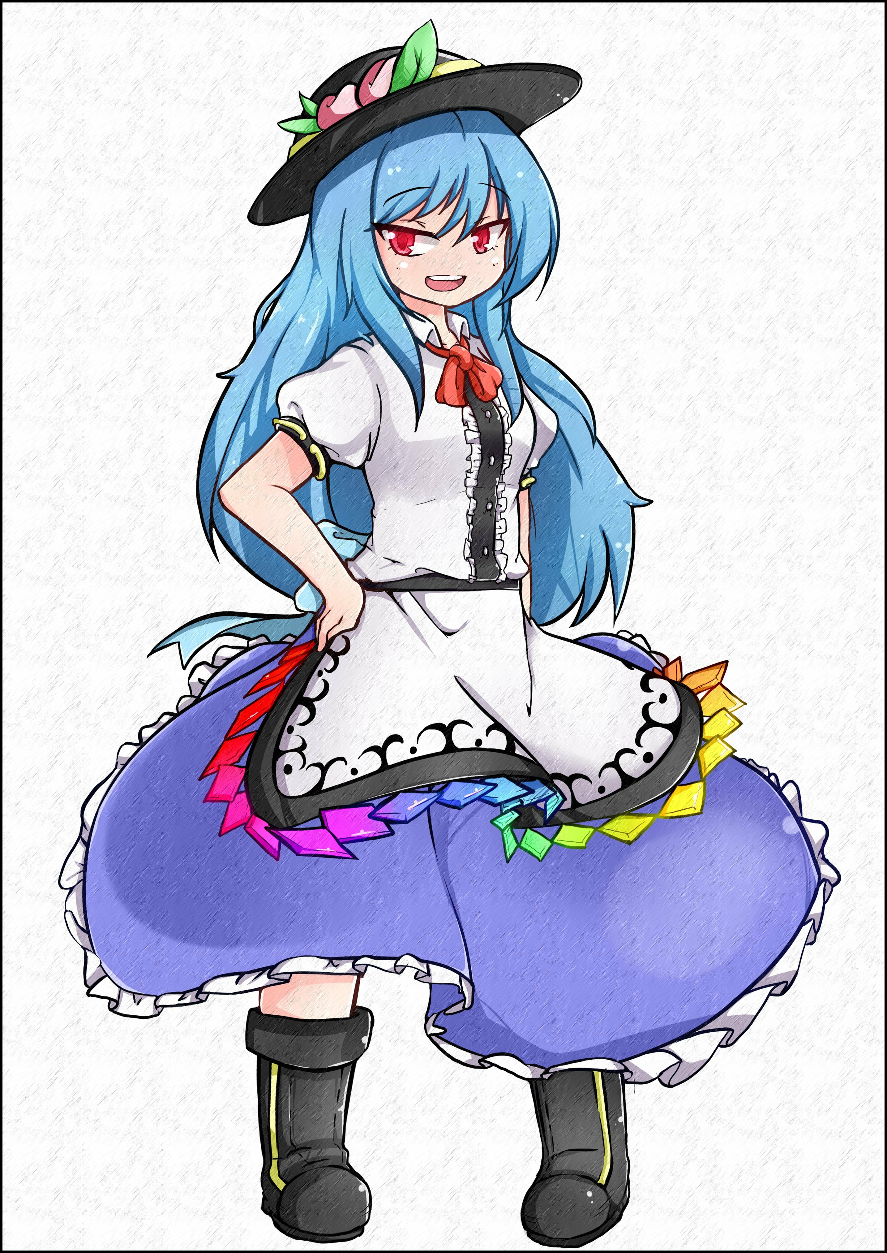 dagger131134 (kama astor), hinanawi tenshi, touhou, absurdres, highres, 1girl, black hat, blue hair, food, fruit, hat, hat ornament, leaf, leaf hat ornament, long hair, peach, peach hat ornament, rainbow gradient, rainbow order, red eyes, shirt, short sleeves, skirt, white background, white shirt