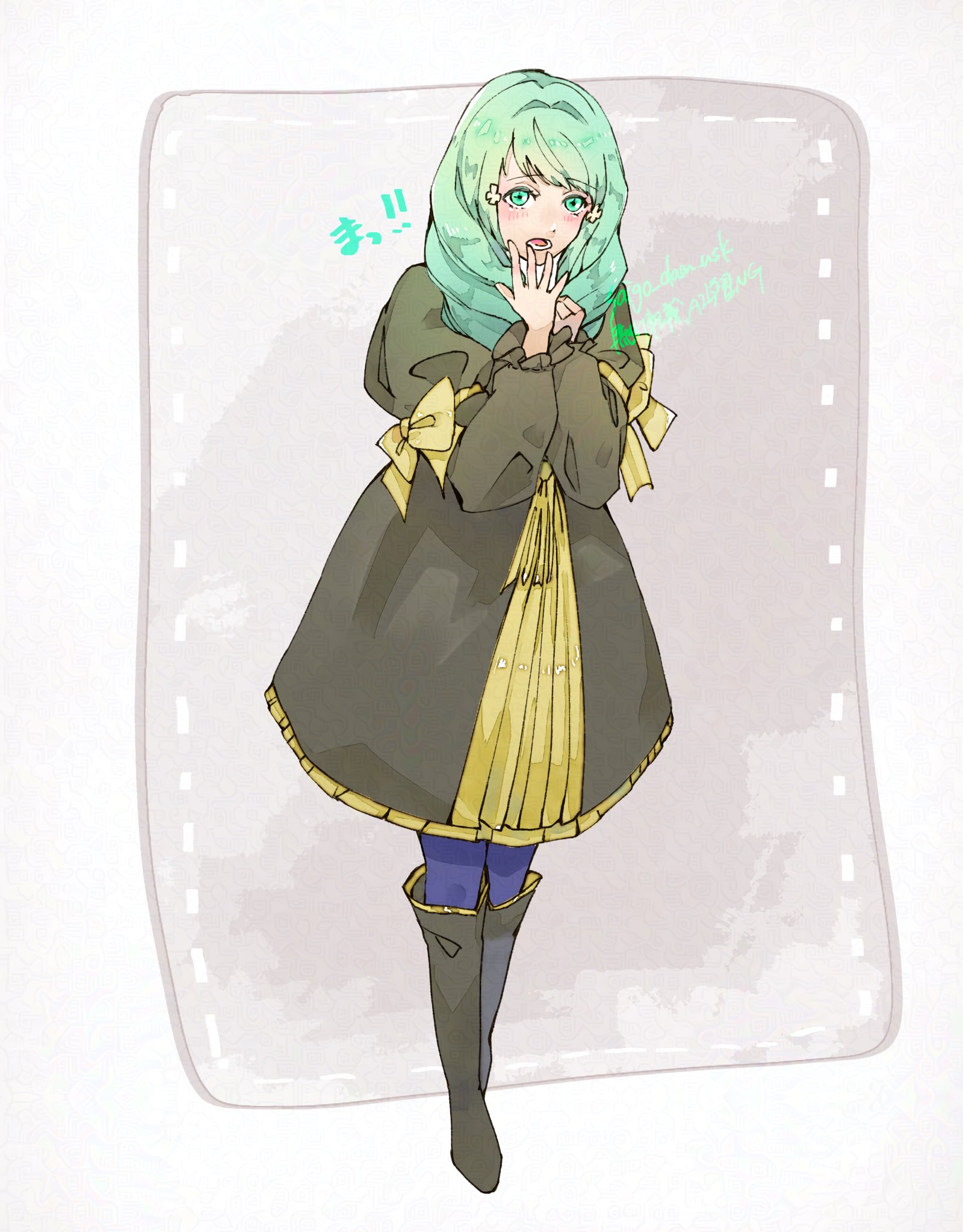 flayn (fire emblem), fire emblem, fire emblem: three houses, nintendo, highres, 1girl, blue pantyhose, damdam17mppp, dress, drill hair, garreg mach monastery uniform, green eyes, green hair, hair ornament, hairclip, long hair, long sleeves, looking at viewer, open mouth, pantyhose, solo, twin drills