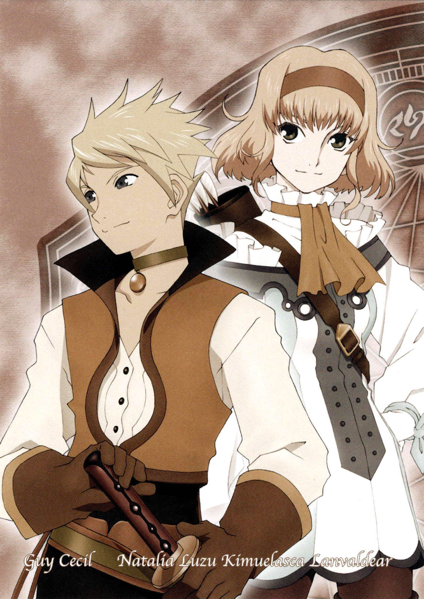 guy cecil, natalia luzu kimlasca lanvaldear, tales of (series), tales of the abyss, highres, official art, scan, 00s, 1boy, 1girl, character name