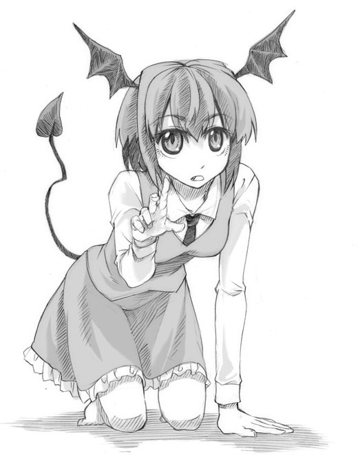 hikawa shou, koakuma, embodiment of scarlet devil, touhou, 1girl, all fours, barefoot, demon tail, female focus, greyscale, head wings, monochrome, solo, tail, wings