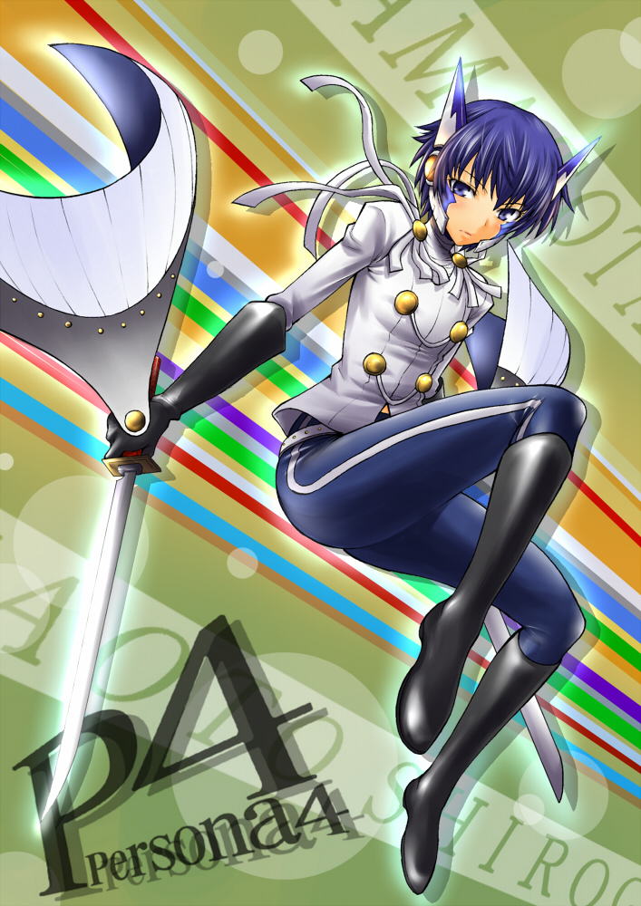 segami daisuke, shirogane naoto, yamato takeru (megami tensei), yamato takeru (persona), atlus, persona, persona 4, 1girl, androgynous, blue eyes, blue hair, boots, cosplay, female focus, gloves, headset, katana, matching hair/eyes, pants, reverse trap, short hair, solo, sword, weapon, yamato takeru (persona) (cosplay)