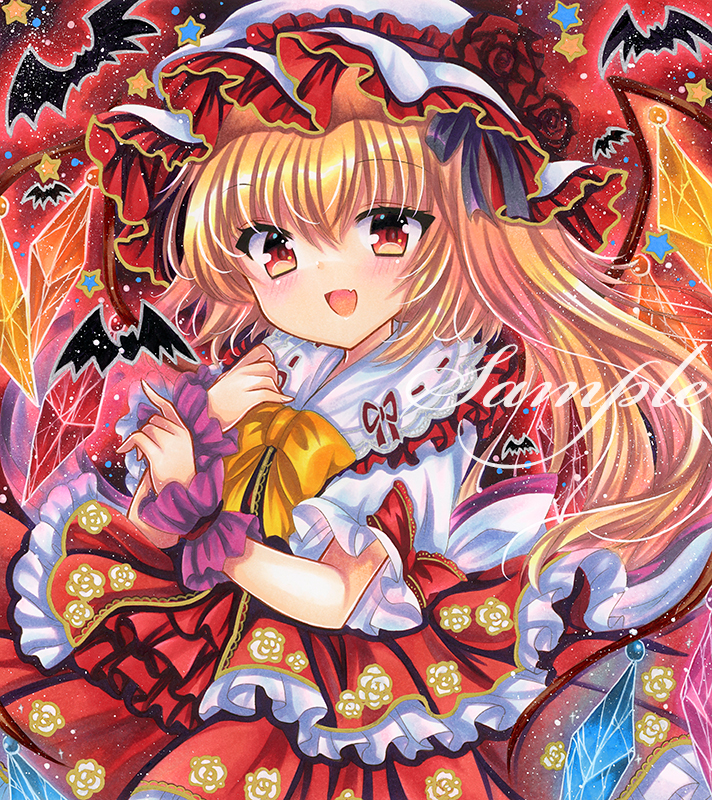 rui (sugar3), flandre scarlet, touhou, marker (medium), traditional media, 1girl, blonde hair, floral print, frilled hat, frilled vest, frills, hat, long hair, looking at viewer, open mouth, red eyes, red skirt, red vest, sample watermark, skirt, smile, solo, upper body, vest, watermark, wrist cuffs