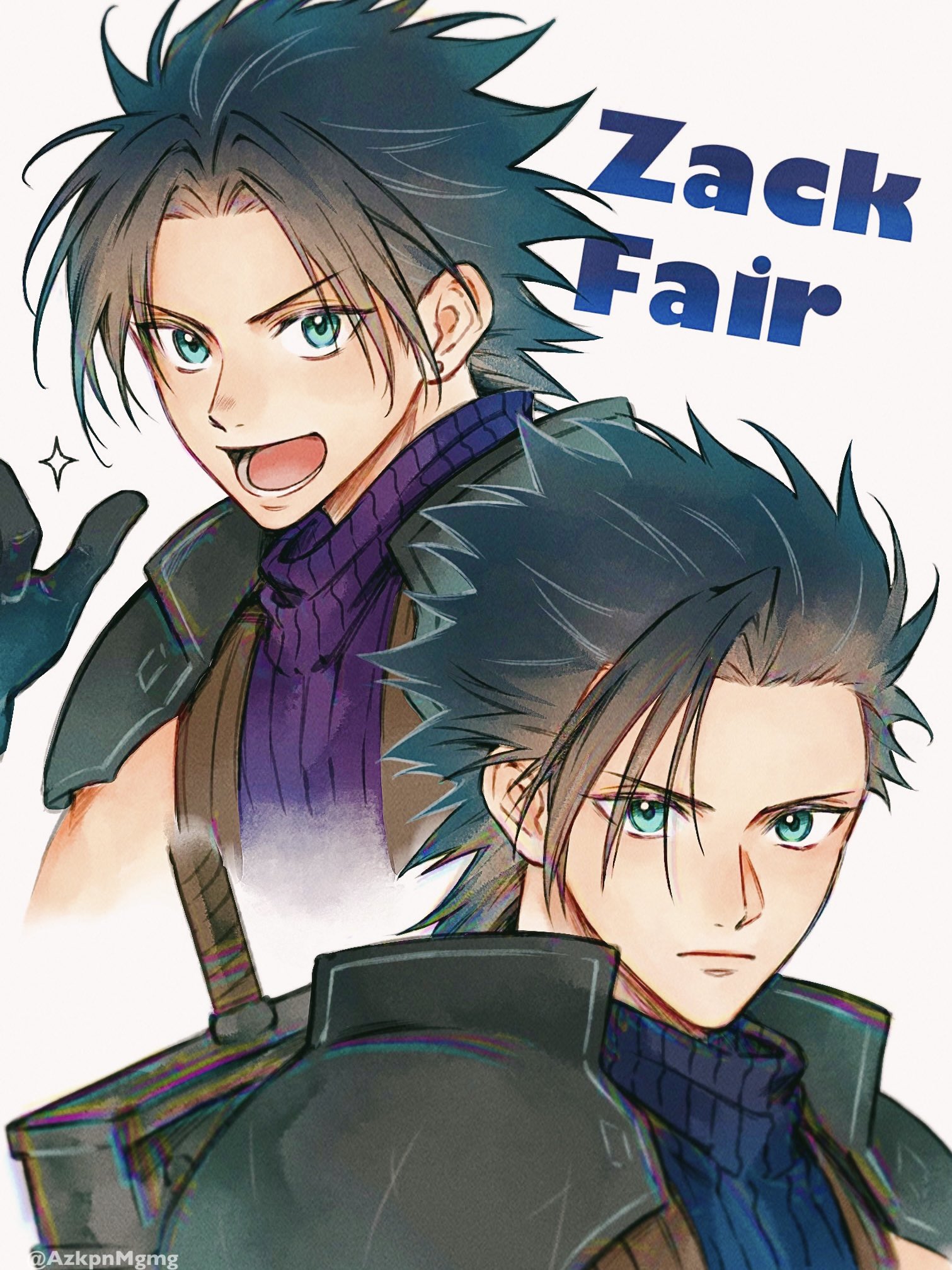 3wa tari, zack fair, crisis core final fantasy vii, final fantasy, final fantasy vii, highres, 1boy, age comparison, aqua eyes, armor, black gloves, black hair, blue shirt, buster sword, character name, closed mouth, earrings, gloves, hair slicked back, jewelry, light frown, looking at viewer, male focus, open mouth, parted bangs, pauldrons, purple shirt, shirt, short hair, shoulder armor, single earring, sleeveless, sleeveless turtleneck, smile, sparkle, suspenders, sword, sword on back, thumbs up, turtleneck, twitter username, upper body, weapon, weapon on back, white background