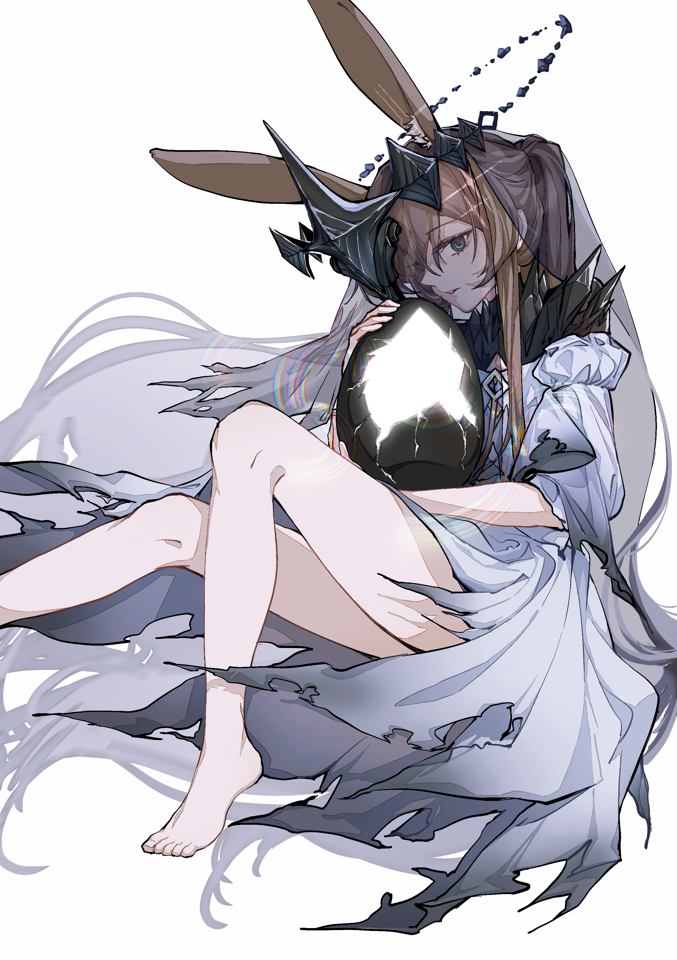 woshigepangzhitong, amiya (arknights), amiya (demon king) (arknights), arknights, absurdres, chinese commentary, commentary request, highres, 1girl, animal ears, aura, barefoot, black halo, blue eyes, brown hair, dress, energy, feet, foot out of frame, grey dress, hair over one eye, halo, holding, long hair, looking at viewer, one eye covered, parted lips, see-through clothes, sidelocks, simple background, solo, toes, torn clothes, torn dress, veil, white background