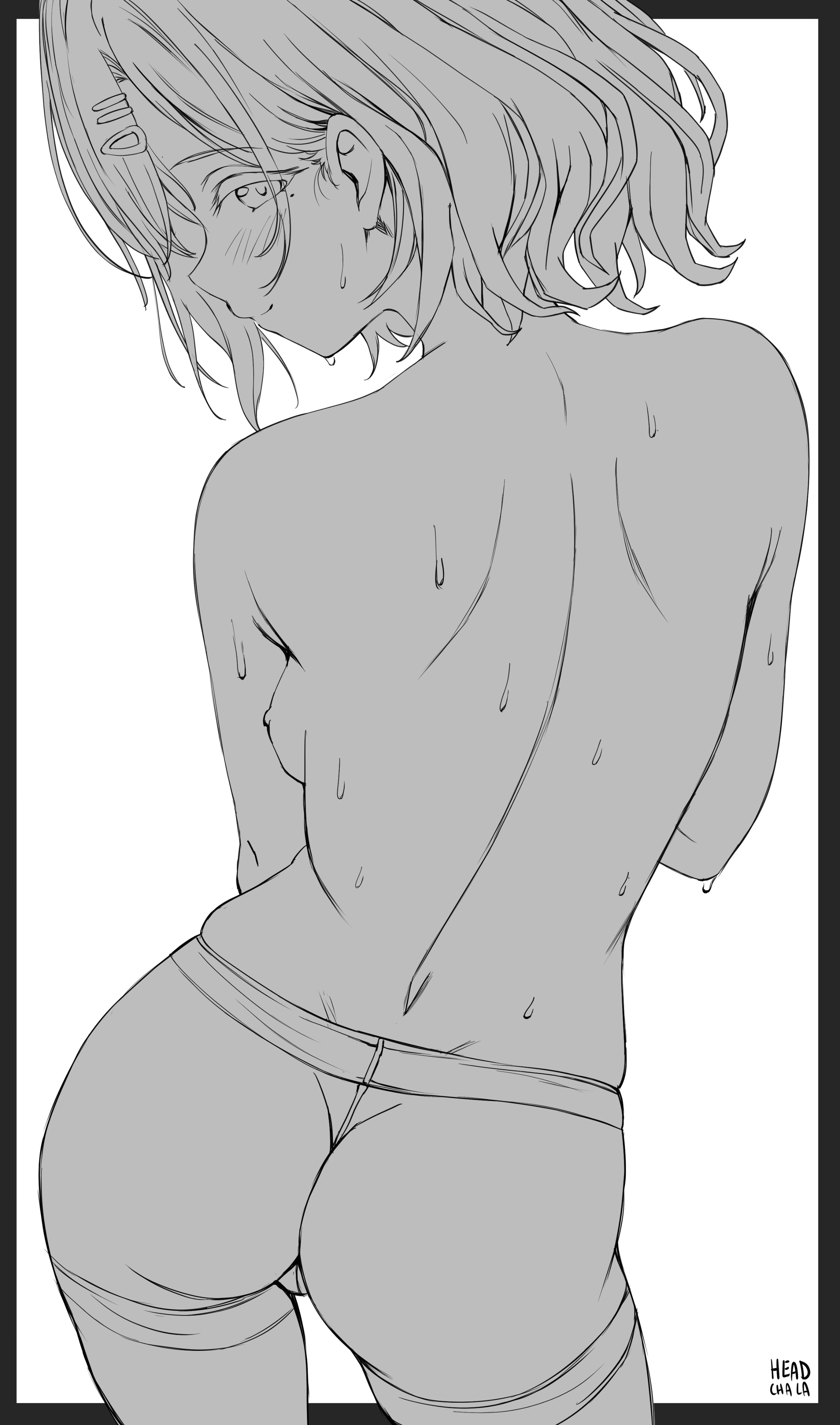 head cha la, higuchi madoka, idolmaster, idolmaster shiny colors, absurdres, commentary, highres, 1girl, artist name, ass, blush, breasts, contrapposto, from behind, greyscale, half-closed eyes, looking at viewer, looking back, medium breasts, medium hair, mole, mole under eye, monochrome, nipples, pantyhose, simple background, solo, sweat, thighs, topless female, white background