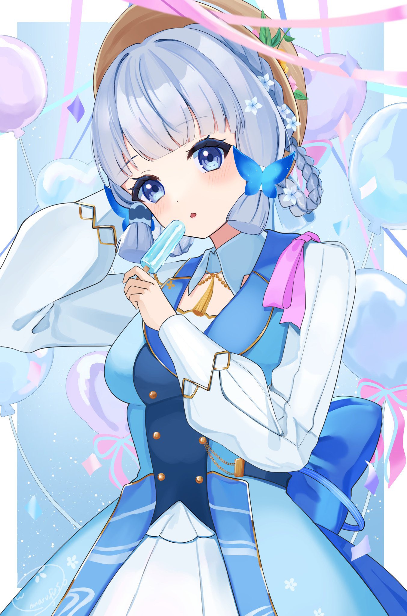 marufus, ayaka (genshin impact), kamisato ayaka, kamisato ayaka (springbloom missive), genshin impact, commentary request, highres, 1girl, arm behind head, balloon, blue dress, blue eyes, blue hair, blunt tresses, blush, breasts, dress, food, hand up, hat, heart balloon, holding, holding food, holding popsicle, long sleeves, looking at viewer, medium breasts, official alternate costume, parted lips, popsicle, sidelocks, solo, upper body