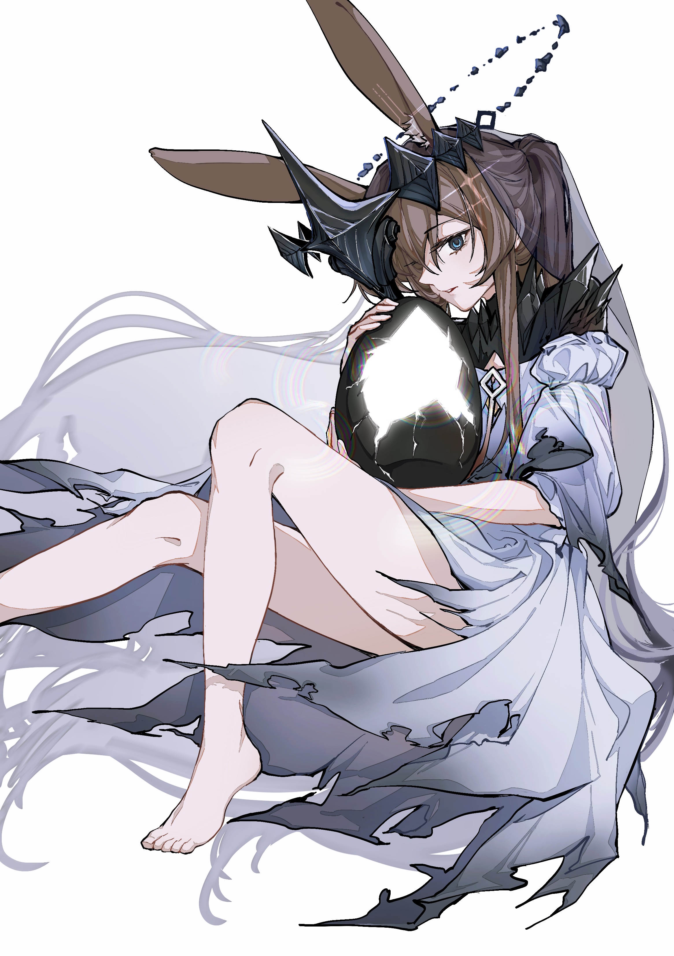 woshigepangzhitong, amiya (arknights), amiya (demon king) (arknights), arknights, absurdres, chinese commentary, commentary request, highres, 1girl, animal ears, aura, barefoot, black halo, blue eyes, brown hair, dress, energy, feet, foot out of frame, grey dress, hair over one eye, halo, holding, long hair, looking at viewer, one eye covered, parted lips, sidelocks, simple background, solo, toes, torn clothes, torn dress, white background