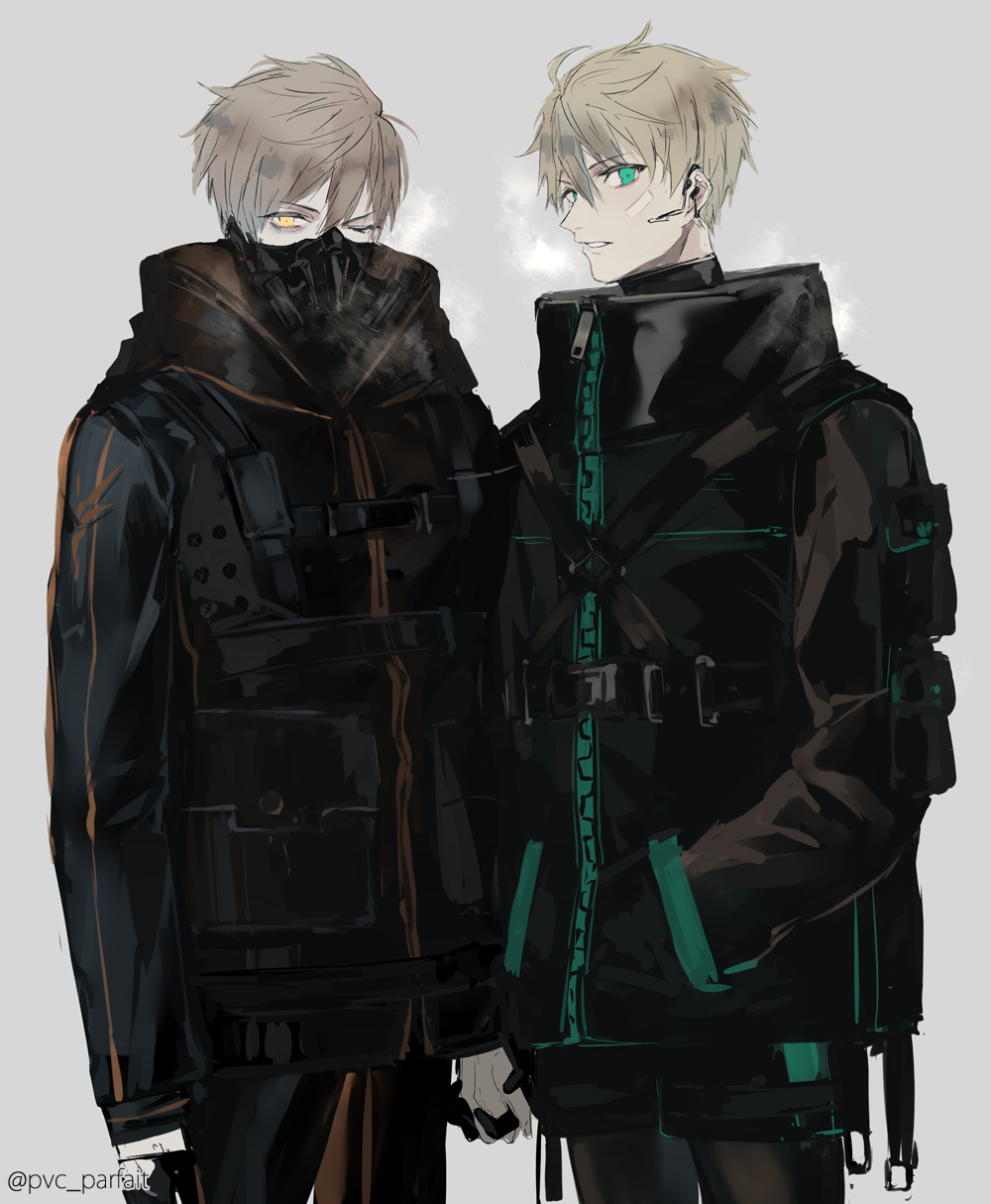 pvc parfait, arthur pendragon (fate), arthur pendragon alter (fate), fate/grand order, fate (series), highres, 2boys, aqua eyes, artist name, belt, black belt, black gloves, black jacket, black mask, black pants, brown hair, covered mouth, cowboy shot, dual persona, earpiece, gloves, grey background, hair between eyes, hand in pocket, holding hands, jacket, long sleeves, looking at viewer, male focus, mask, microphone, mouth mask, multiple boys, one eye closed, pants, pocket, short hair, simple background, single glove, standing, steam, teeth, yellow eyes, zipper