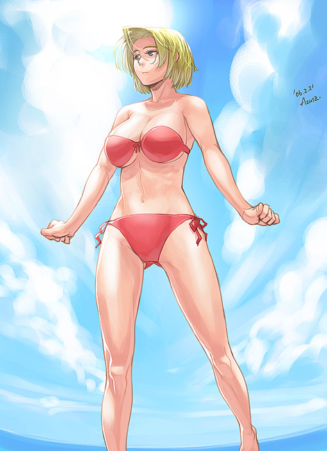 azusa (hws), original, 1girl, bikini, blonde hair, blue eyes, breasts, cleavage, cloud, dated, day, female focus, front-tie top, large breasts, red bikini, short hair, side-tie bikini bottom, sky, solo, swimsuit, underboob