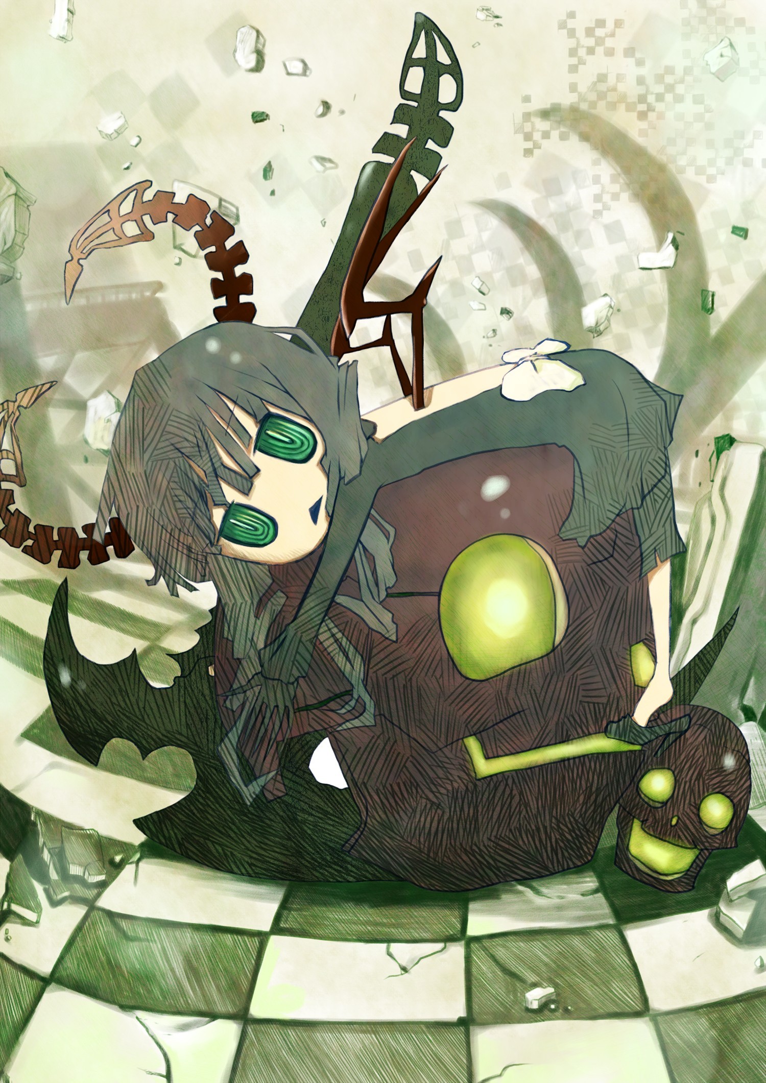 amawa kazuhiro, dead master, black rock shooter, highres, 1girl, black dress, black hair, black horns, black leggings, checkered floor, chibi, debris, dress, green eyes, horns, leggings, medium hair, scythe, skeletal wings, skull, solo, wings