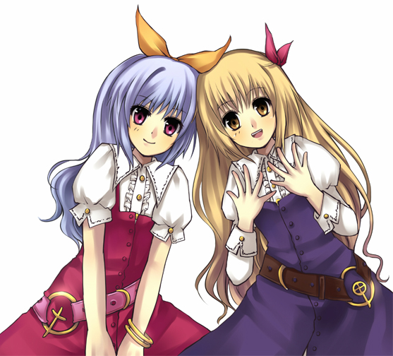 jing hu, kiyoshi mizuumi +, watatsuki no toyohime, watatsuki no yorihime, silent sinner in blue, touhou, bad id, bad pixiv id, 2girls, belt, blonde hair, blue hair, bow, bracelet, female focus, hair bow, jewelry, long hair, multiple girls, ponytail, red eyes, ribbon, yellow eyes