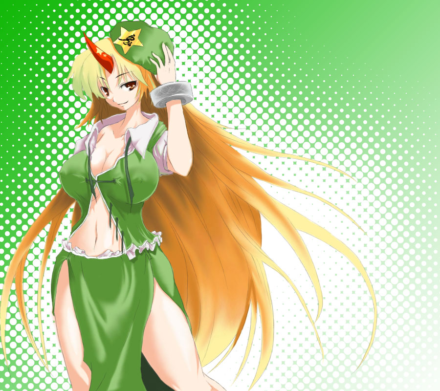 zaki (artist), zaki (pixiv), hong meiling, hoshiguma yuugi, touhou, 1girl, blonde hair, breasts, china dress, chinese clothes, cleavage, cosplay, covered erect nipples, dress, female focus, hat, hong meiling (cosplay), horns, large breasts, long hair, midriff, multicolored hair, single horn, solo, very long hair