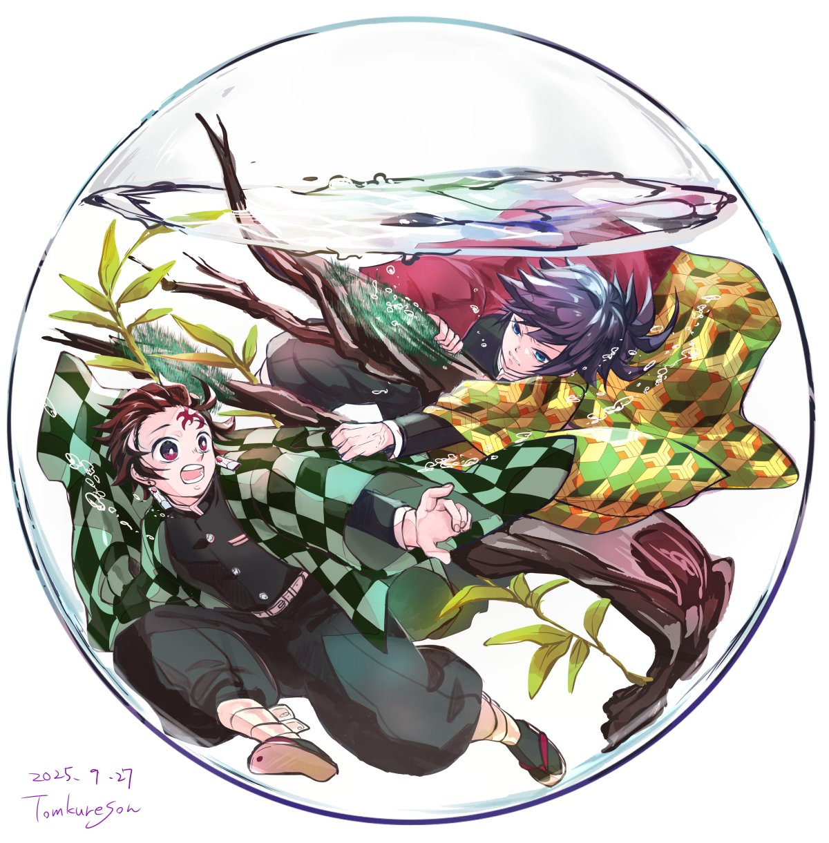 tomkureson, kamado tanjirou, tomioka giyuu, kimetsu no yaiba, highres, 2boys, belt, black hair, black jacket, black pants, blue eyes, brown hair, demon slayer uniform, full body, gold buttons, haori, high collar, jacket, japanese clothes, kikkoumon, low ponytail, male focus, multiple boys, open mouth, pants, ponytail, print haori, red haori, short hair, spiked hair, teeth, white belt