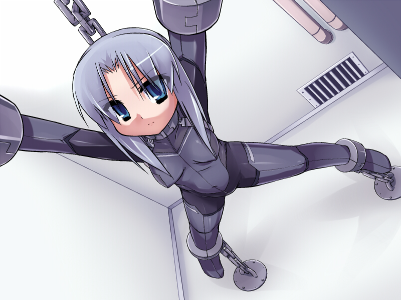 redrantem, tomoshibi hidekazu, silver hair, 1girl, arms up, bdsm, bodysuit, bondage, bound, chain, collar, cuffs, dutch angle, female focus, formal clothes, from above, restrained, shackles, slave, solo, suit, suspension