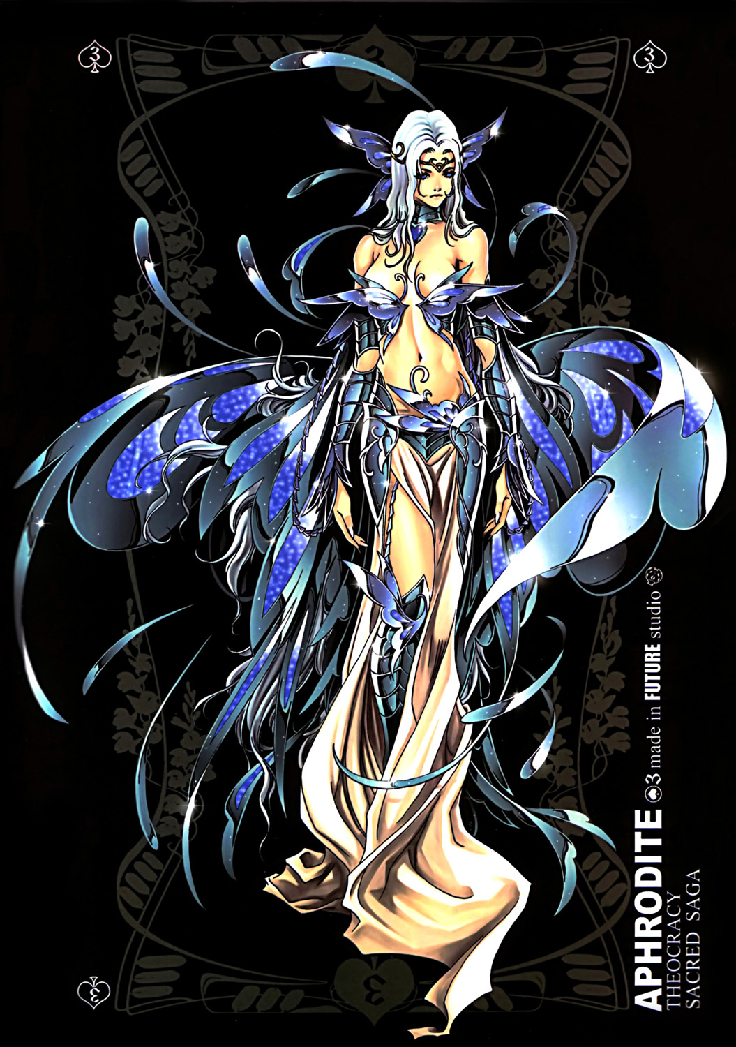 future studio (artist), aphrodite (mythology), greek mythology, saint seiya, theocrary sacred saga, twelve olympians, highres, 1girl, armor, blue eyes, breasts, butterfly wings, facial mark, female focus, insect wings, jewelry, large breasts, solo, white hair, wings