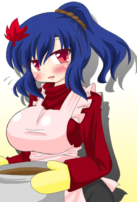 akasode (tyaramu), yasaka kanako, touhou, 1girl, apron, blue hair, blush, breasts, female focus, food, gloves, hair ornament, large breasts, leaf, leaf hair ornament, ponytail, red eyes, rope, solo