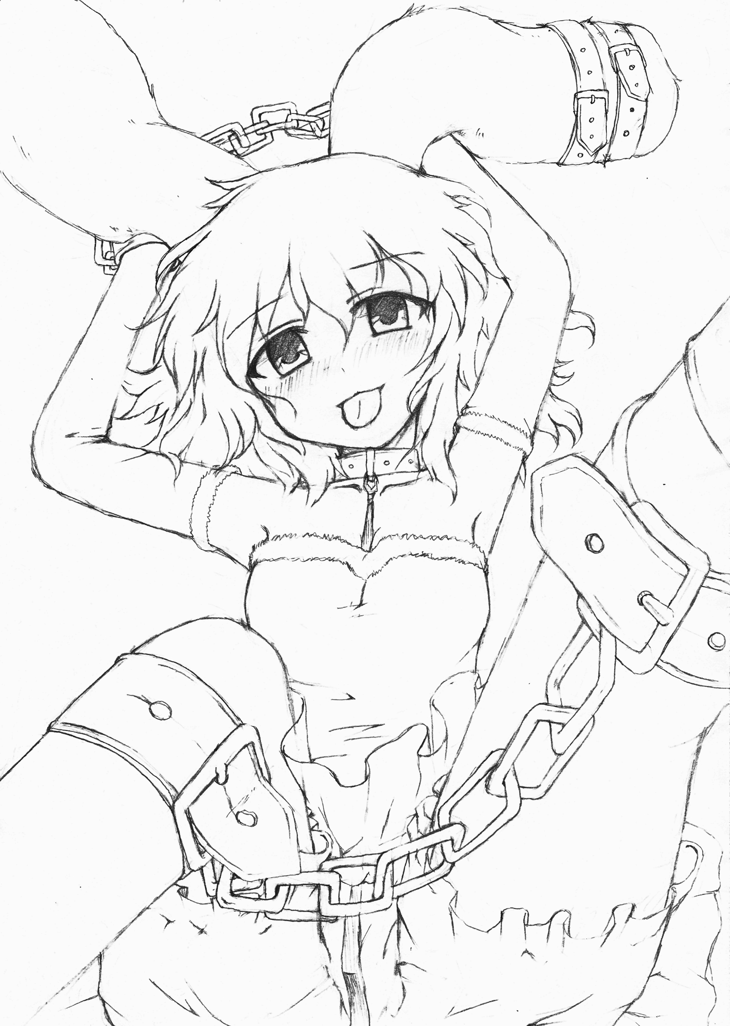 nejime, inaba tewi, touhou, bad id, bad pixiv id, highres, 1girl, animal ears, arms up, bdsm, bondage, bound, breasts, chain, collar, female focus, greyscale, monochrome, rabbit ears, small breasts, solo, tongue, tongue out