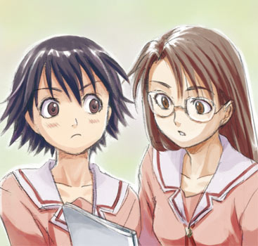 shiwashiwa no kinchakubukuru, mizuhara koyomi, takino tomo, azumanga daiou, bad id, bad pixiv id, lowres, blush, brown eyes, glasses, long hair, school uniform, serafuku, short hair