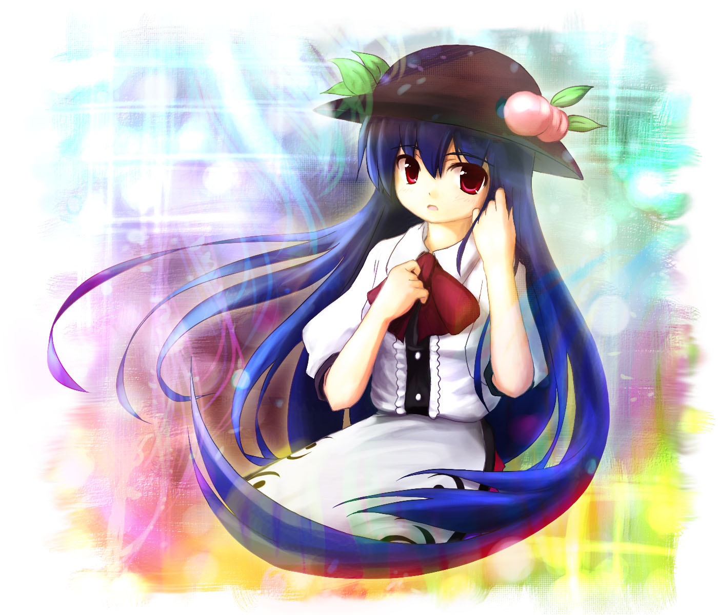 tsubasa (abchipika), hinanawi tenshi, touhou, highres, 1girl, blue hair, female focus, food, fruit, hat, long hair, peach, rainbow background, red eyes, solo, very long hair