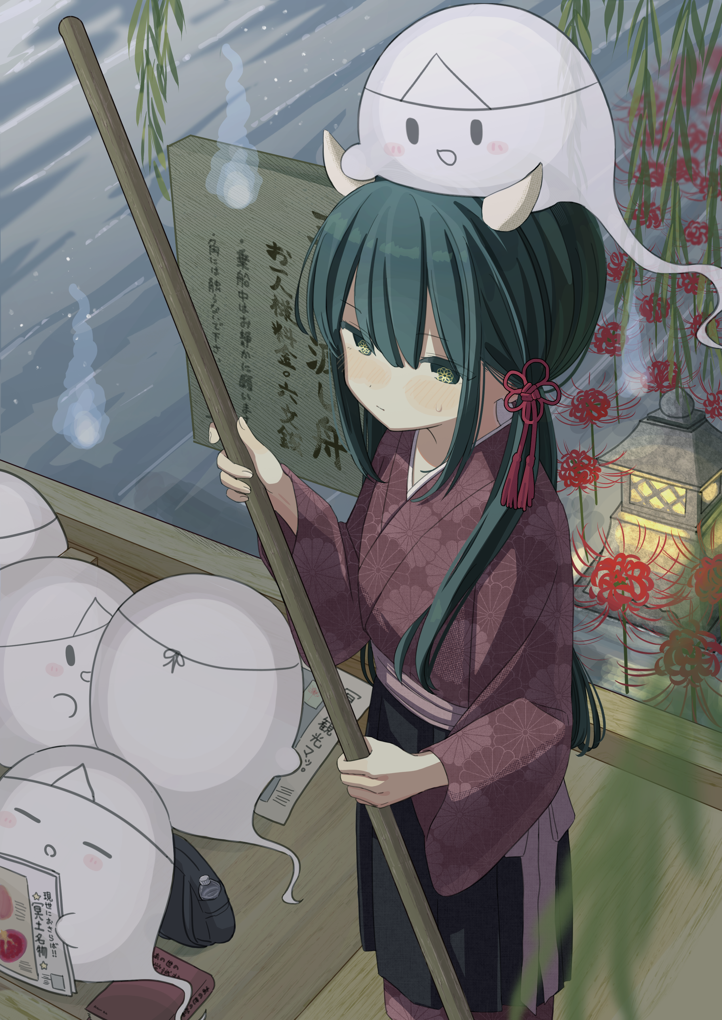 kanikan, original, absurdres, commentary, highres, 1girl, black hair, chinese knot, feet out of frame, flower, ghost, hair ornament, holding, horns, japanese clothes, kimono, long hair, long sleeves, spider lily, standing, triangular headpiece
