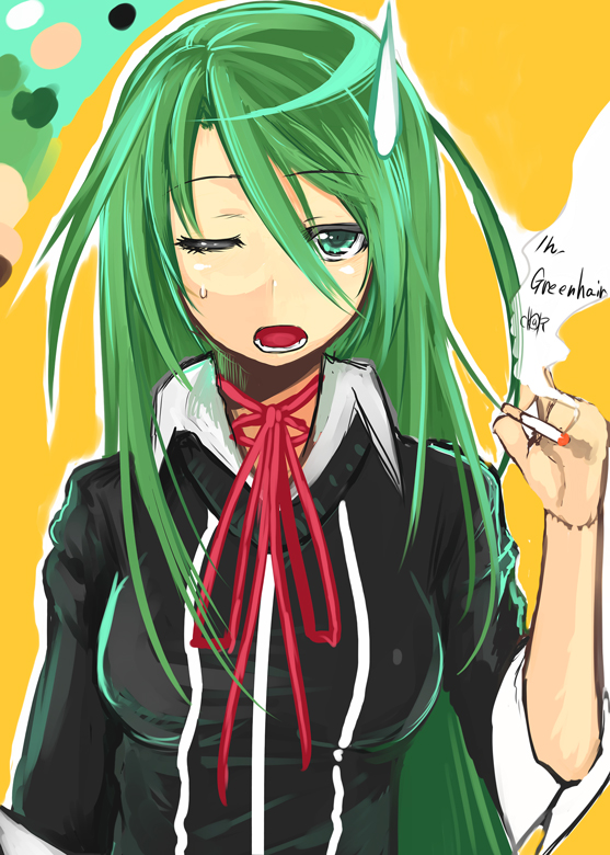 char, bad id, bad pixiv id, 1girl, cigarette, female focus, green eyes, green hair, long hair, matching hair/eyes, one eye closed, smoke, smoking, solo, sweatdrop, wink