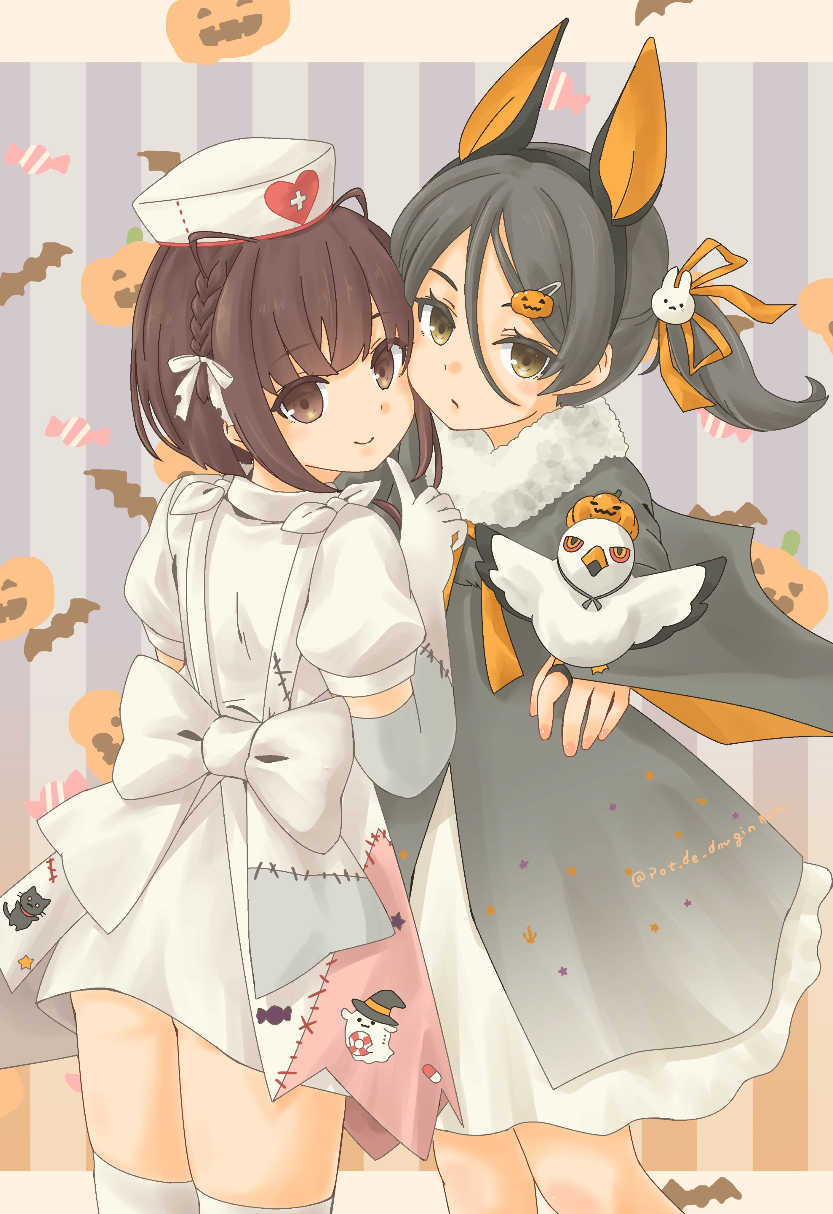 pot-de, inagi (halloween) (kancolle), inagi (kancolle), inagi kai ni (kancolle), ukuru (halloween) (kancolle), ukuru (kancolle), kantai collection, absurdres, highres, 2girls, animal ears, bat ears, bat wings, bird, black cape, black hair, brown eyes, cape, dress, fake wings, feet out of frame, gradient cap, hair between eyes, halloween costume, hat, loose hair strand, low twintails, multiple girls, nurse cap, patchwork clothes, seagull, short hair, short hair with long locks, smile, striped background, twintails, white dress, wings