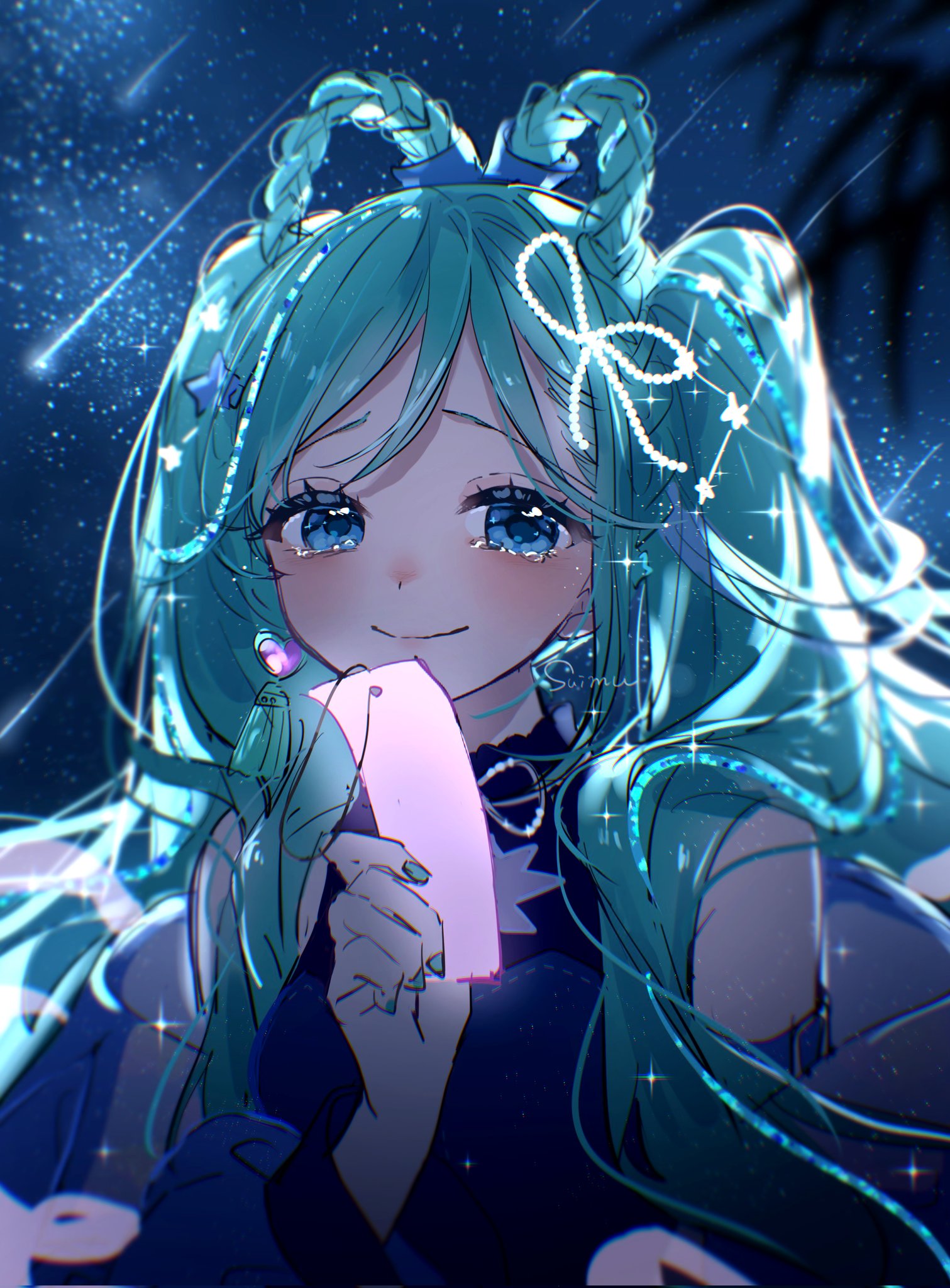 mallow (di fushang), hatsune miku, magical mirai miku, magical mirai miku (2025), magical mirai (vocaloid), vocaloid, highres, 1girl, aqua hair, aqua nails, blue eyes, blush, braid, braided hair rings, closed mouth, crying, crying with eyes open, earrings, hair between eyes, hair ornament, hair rings, heart, heart earrings, holding, holding paper, jewelry, long hair, long sleeves, looking at viewer, official alternate costume, official alternate hairstyle, paper, shirt, single earring, sky, sleeveless, sleeveless shirt, smile, solo, star (sky), star (symbol), star hair ornament, starry sky, tanabata, tears, twintails, upper body, very long hair