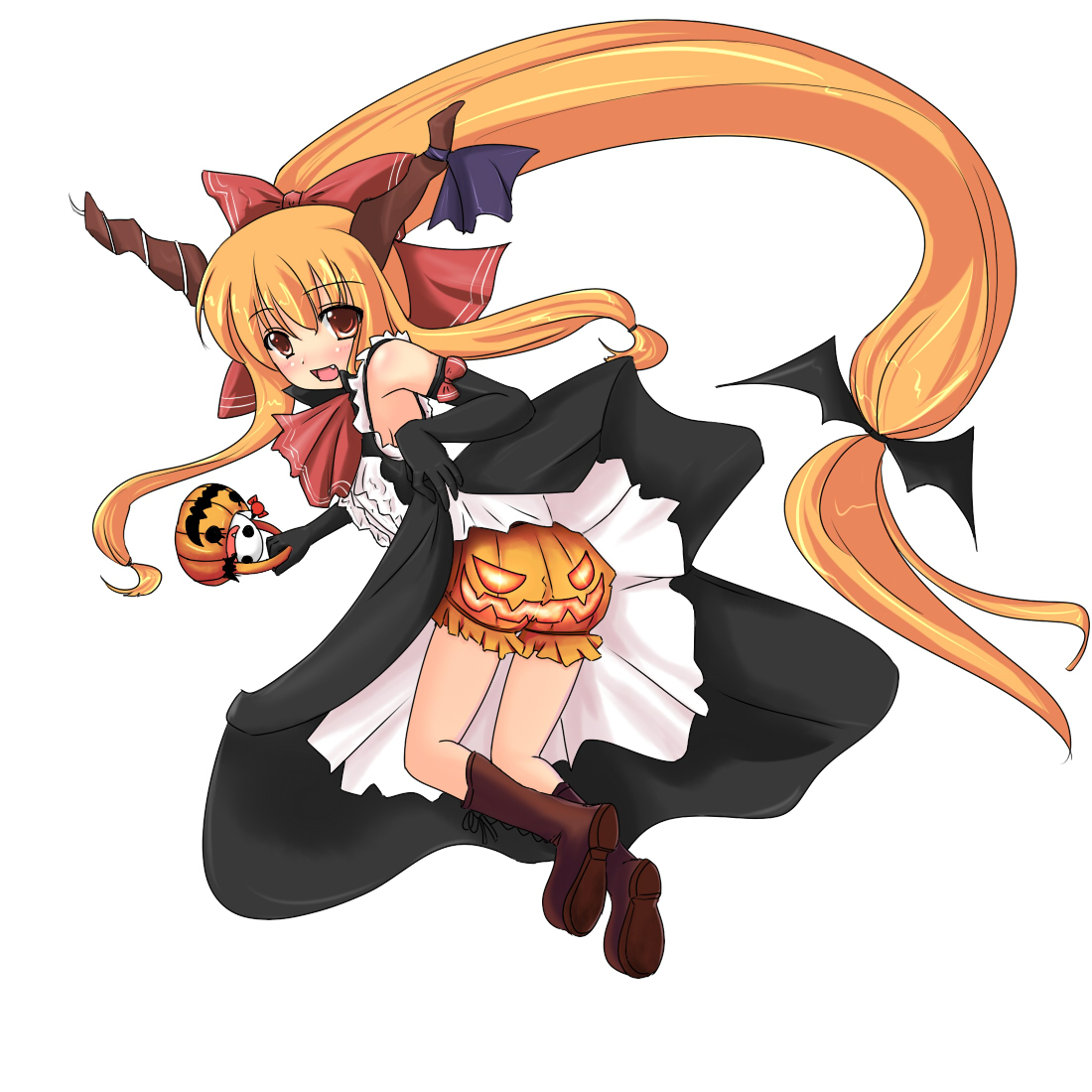 mizuki ryan kakka, mizukiryan, ibuki suika, touhou, 1girl, bloomers, female focus, halloween, horns, jack-o'-lantern, long hair, low-tied long hair, orange bloomers, orange hair, pumpkin, red eyes, ribbon, solo, underwear, white background