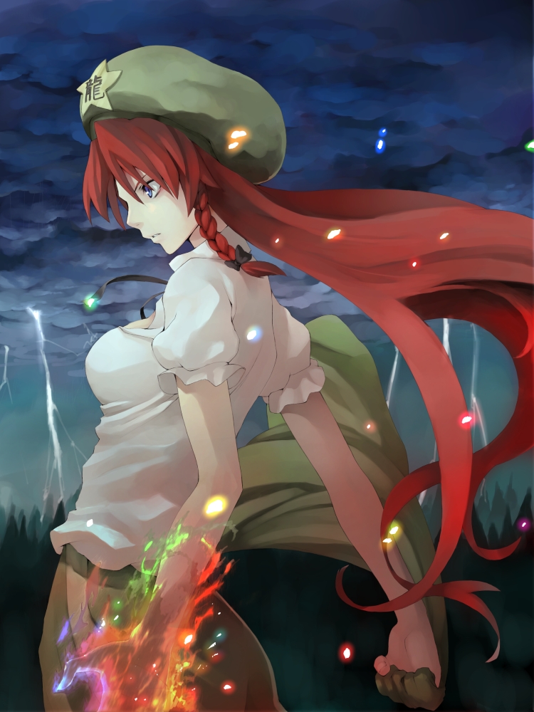morino hon, ex-meiling, hong meiling, touhou, 1girl, aura, blouse, braid, breasts, clothes writing, cloud, colorful, cowboy shot, female focus, fire, flaming hand, from side, green hat, hat, lightning, long hair, powering up, profile, red hair, ribbon, serious, shirt, side braid, solo, storm, unworn vest, very long hair, vest, white shirt