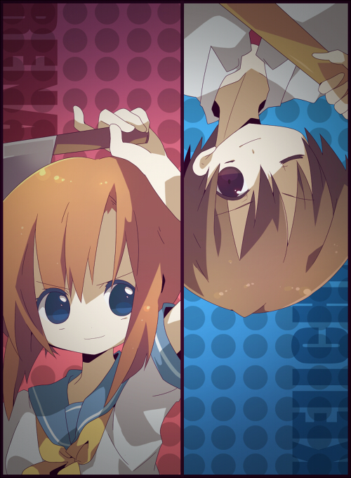 maebara keiichi, ryuuguu rena, higurashi no naku koro ni, non-web source, 00s, 1boy, 1girl, baseball bat, billhook, couple, hatchet, hetero, nata (tool), one eye closed, school uniform, serafuku, wink