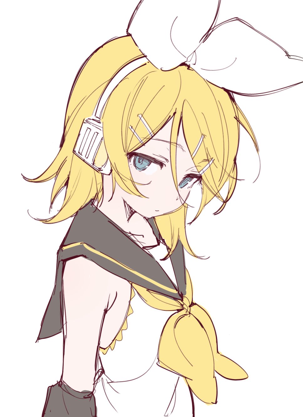 rakugaki ningen, kagamine rin, vocaloid, highres, 1girl, black collar, blonde hair, blue eyes, breasts, closed mouth, collar, detached sleeves, flat color, headphones, looking at viewer, medium breasts, shirt, simple background, sleeveless, sleeveless shirt, solo, white background, white shirt