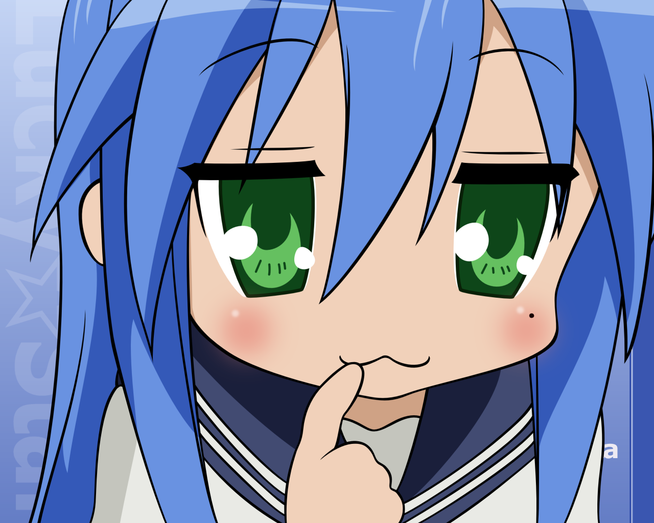 izumi konata, lucky star, derivative work, non-web source, vector trace, 00s, 1girl, :3, blue hair, close-up, female focus, finger to mouth, green eyes, long hair, mole, mole under eye, school uniform, serafuku, solo, thinking