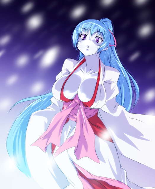nekomamire, aoi (gegege no kitarou), gegege no kitarou, blue hair, breasts, huge breasts, japanese clothes, long hair, pale skin, ponytail, purple eyes, yuki onna