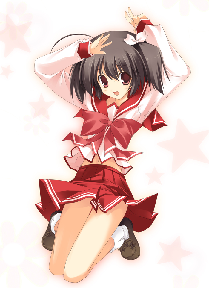 yoshiwo, yuzuhara konomi, to heart (series), to heart 2, 00s, 1girl, ahoge, arms up, brown hair, female focus, jumping, kneeling, looking at viewer, navel, red eyes, school uniform, serafuku, smile, solo, twintails, v