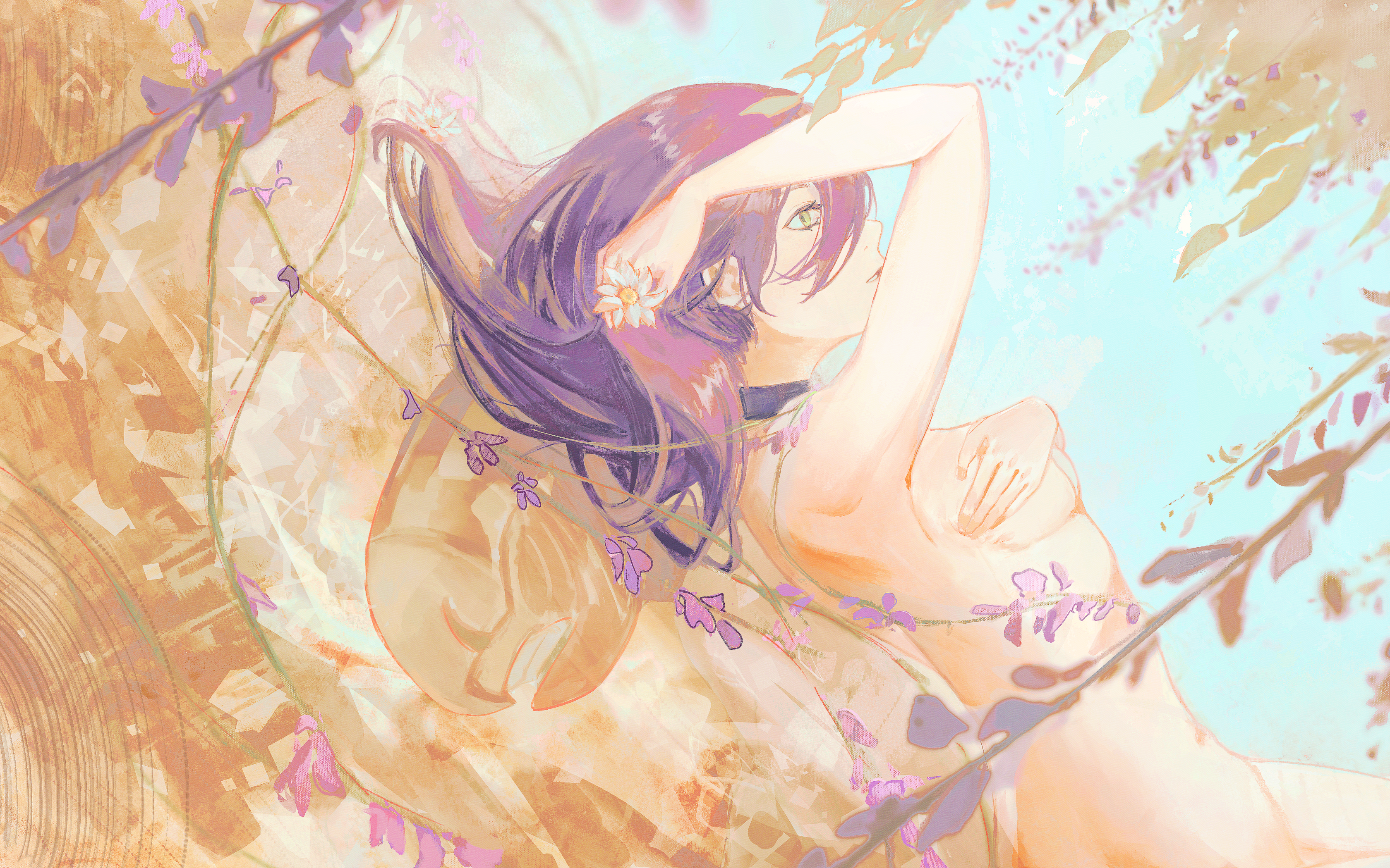 kolario, reze (chainsaw man), chainsaw man, absurdres, highres, 1girl, completely nude, covering breasts, covering privates, green eyes, long hair, looking up, lying, nude, on back, purple hair, solo