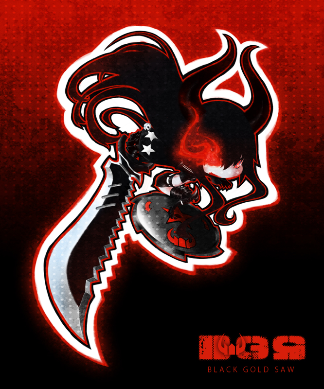 black gold saw, king saw, black rock shooter, 1girl, armored boots, black hair, black jacket, black shorts, boots, chibi, flaming eye, horns, jacket, long hair, pale skin, red eyes, red fire, shorts, skeletal hand, solo, sword, waynepower, weapon, wide sleeves