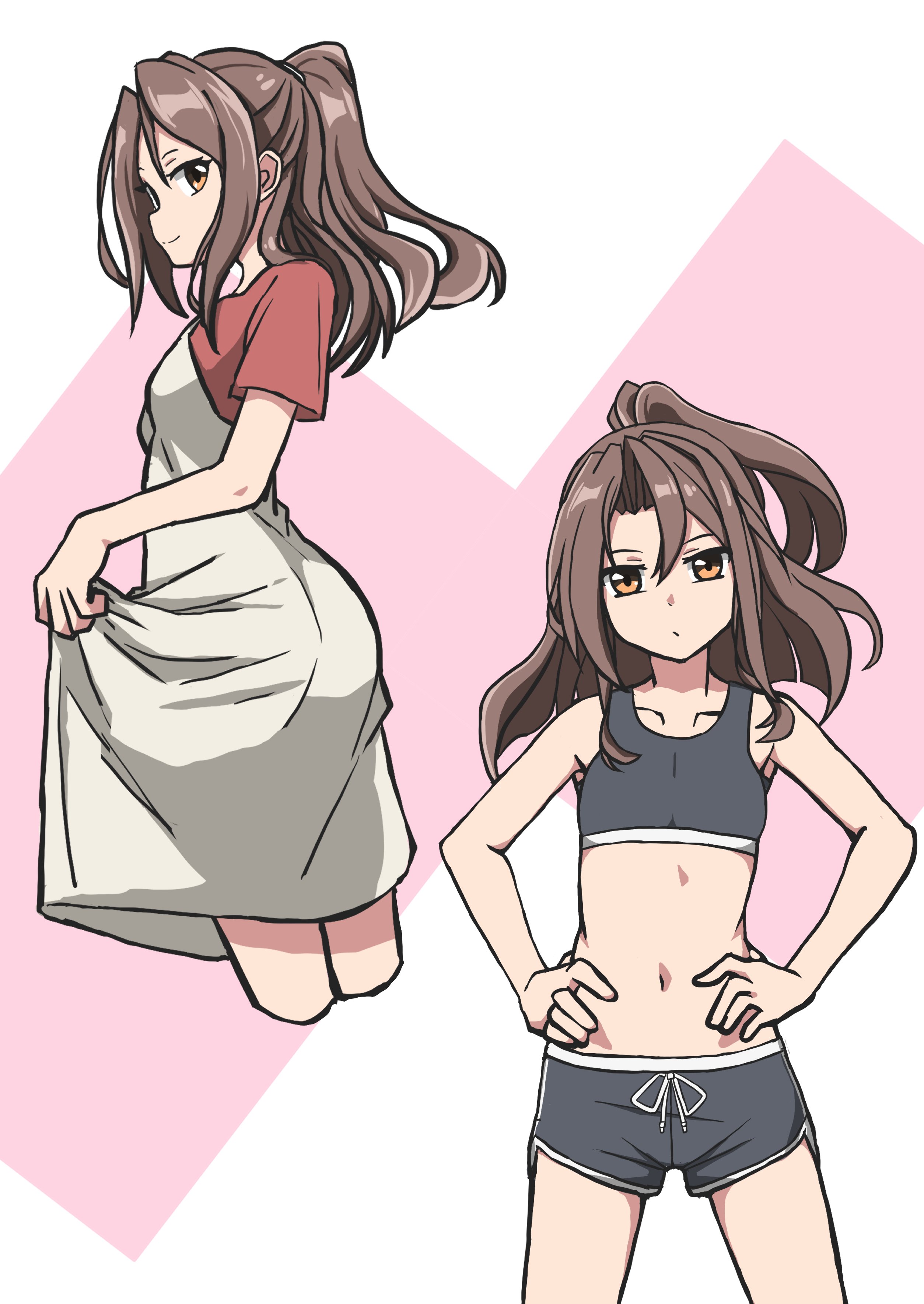 sosorin, zuihou (jal) (kancolle), zuihou (kancolle), kantai collection, absurdres, highres, 1girl, brown eyes, brown hair, dolphin shorts, dress, flat chest, grey sports bra, hands on own hips, long hair, looking at viewer, midriff, multiple views, navel, official alternate costume, ponytail, red shirt, shirt, shorts, skirt hold, sports bra, white dress