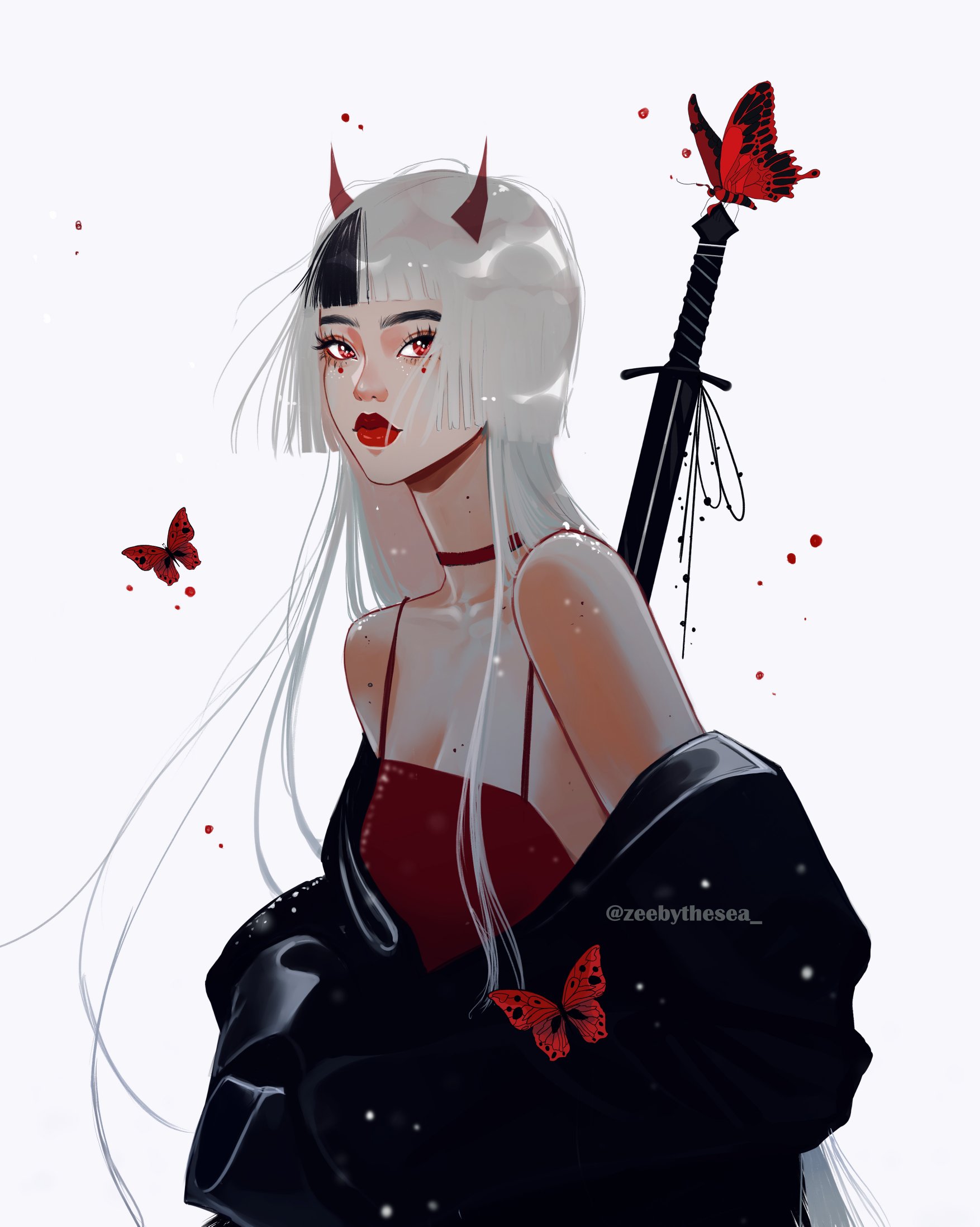 zeebythesea, original, highres, 1girl, aegyo sal, asian, black hair, bob cut, breasts, bug, butterfly, choker, closed mouth, clothes pull, cowboy shot, eyelashes, fashion, floating hair, horns, insect, jacket, jellyfish cut, kira (zeebythesea), leather, leather jacket, light particles, long hair, looking at viewer, medium breasts, mole, mole under each eye, mole under eye, multicolored hair, multiple moles, off shoulder, oversized jacket, red butterfly, red choker, red horns, red shirt, shirt, short bangs, spaghetti strap, streaked hair, streetwear, sword, sword on back, thick eyebrows, thick lips, twitter username, very long hair, weapon, weapon on back, white background, white hair