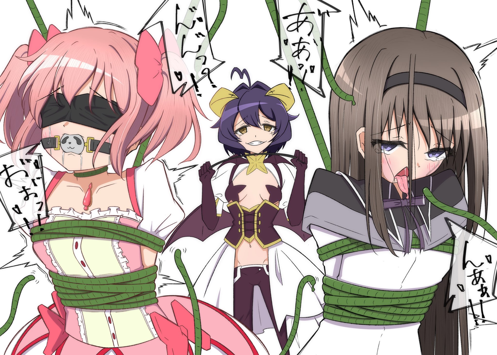 reno 3tomato, akemi homura, kaname madoka, magia baiser, mahou shoujo madoka magica, mahou shoujo ni akogarete, highres, 3girls, ahoge, ball gag, bdsm, black hair, blindfold, blush, bound, bow, breastless clothes, breasts, corset, crying, dress, forward-facing horns, gag, gagged, hair bow, hairband, horns, long hair, magical girl, moaning, multiple girls, navel, open mouth, pants, pasties, pink hair, plant, purple eyes, restrained, revealing clothes, ribbon, riding crop, saliva, short hair, short twintails, shrug (clothing), simple background, smile, streaming tears, symbol-shaped pupils, tears, tongue, tongue out, twintails, twitching, vines, white background, wings, yellow eyes, yellow horns, yuri