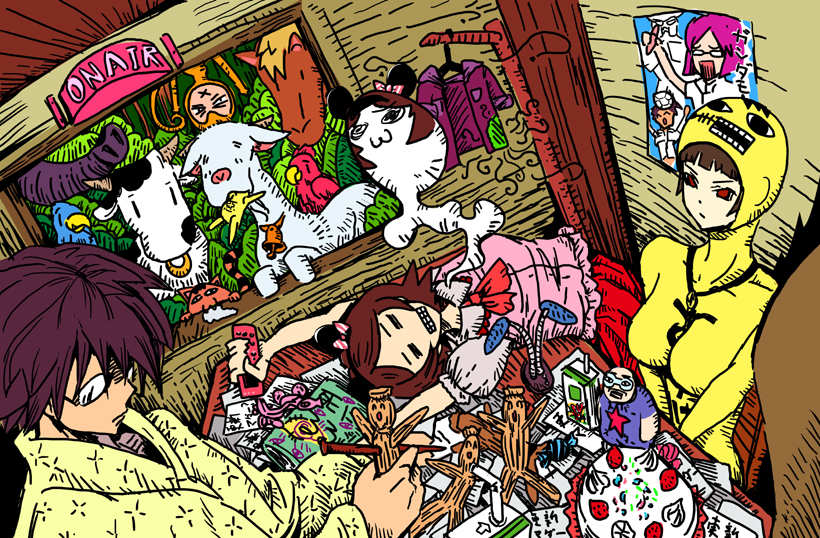 tanupo, hitou nami, itoshiki nozomu, maedax, sanosuke, tsunetsuki matoi, sayonara zetsubou sensei, tagme, 00s, 1boy, 2girls, bodysuit, cake, cellphone, drinking straw, dutch angle, food, fruit, giving up the ghost, glasses, japanese clothes, multiple girls, opaque glasses, phone, short hair, strawberry, teacher, voodoo doll