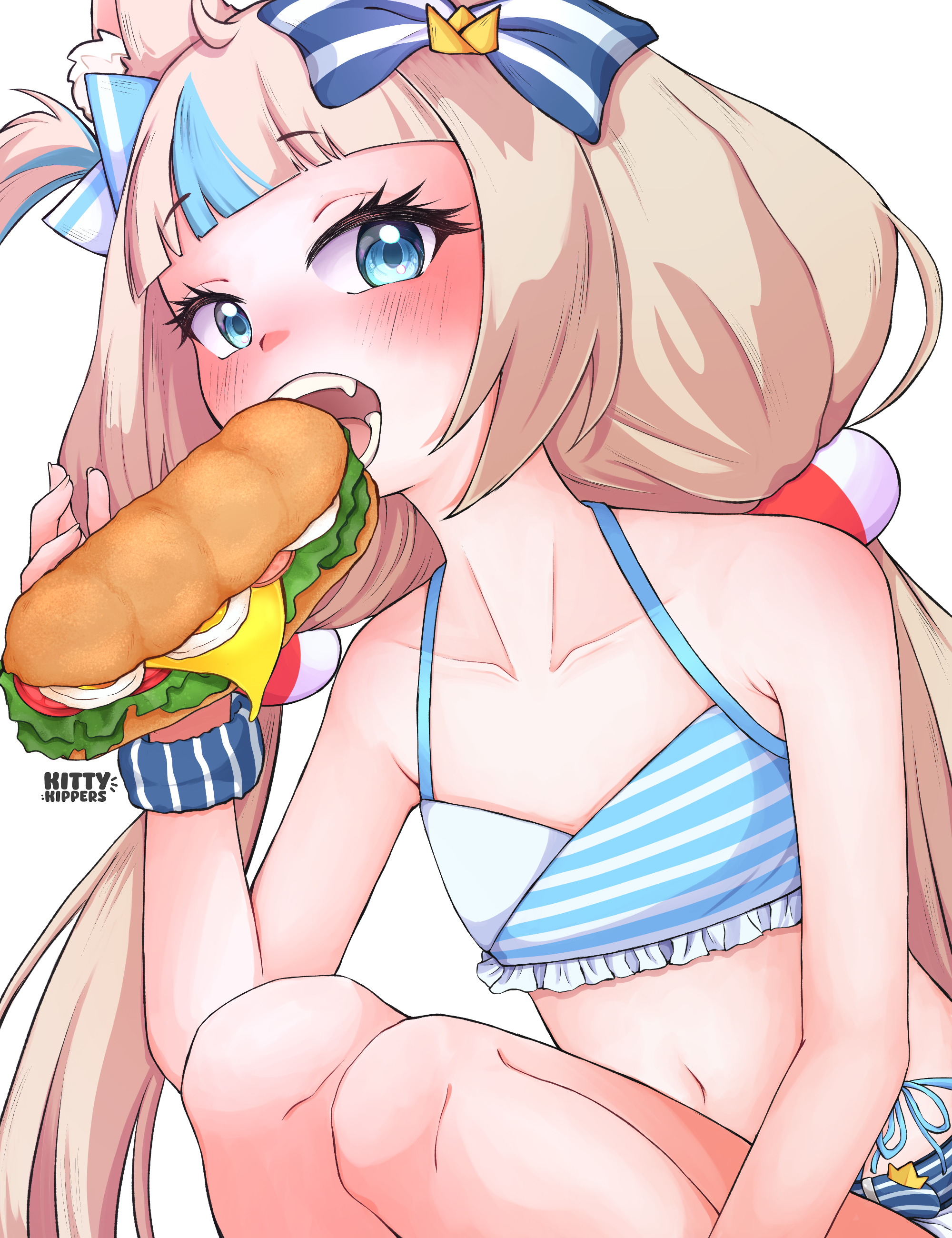 sameko saba, indie virtual youtuber, absurdres, highres, 1girl, animal ears, bikini, blonde hair, cat ears, eating, food, kittenkippers, sandwich, swimsuit, virtual youtuber