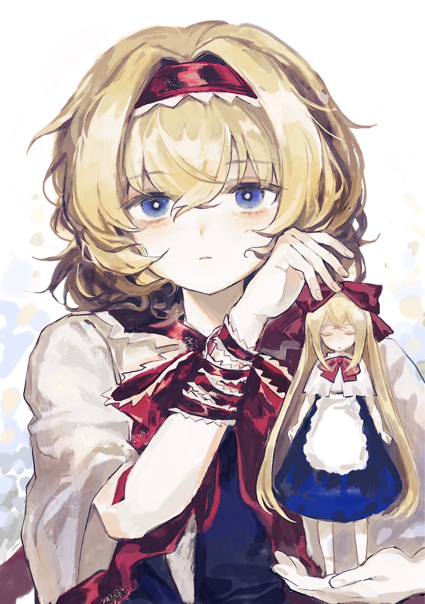 youshouhaoxianzhe, alice margatroid, shanghai doll, touhou, highres, 1girl, blonde hair, blue dress, blue eyes, capelet, closed eyes, closed mouth, curly hair, doll, dress, full body, hairband, long hair, looking at viewer, medium hair, red hairband, solo, upper body, white background, white capelet