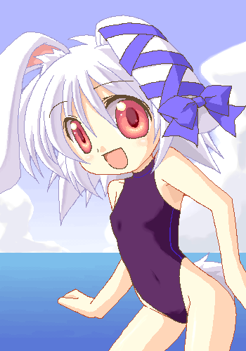 shirokuro (lapinnoir), original, lowres, 1girl, albino, animal ears, beach, day, female focus, oekaki, one-piece swimsuit, rabbit ears, red eyes, short hair, solo, swimsuit, white hair