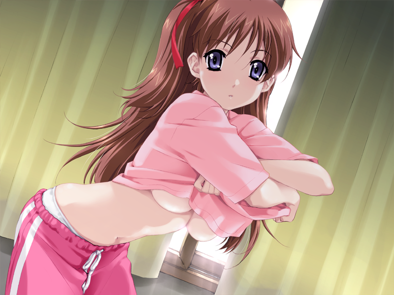 happoubi jin, amamiya momona, resort boin, game cg, 00s, 1girl, blue eyes, breasts, brown hair, clothes lift, curtains, female focus, large breasts, long hair, navel, panties, red hair, shirt lift, solo, underboob, underwear, undressing, window