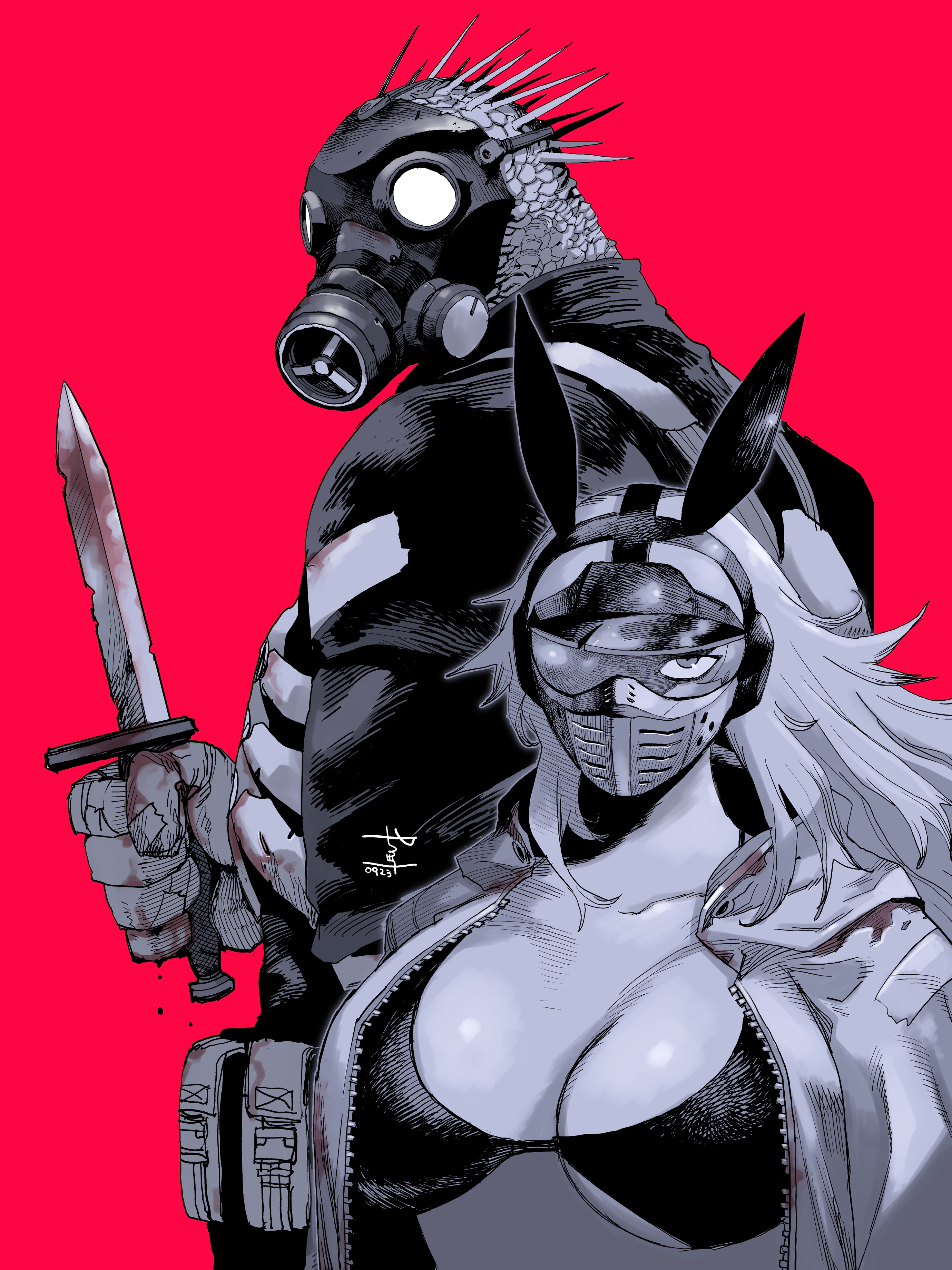 manabu yashiro, caiman (dorohedoro), nikaidou (dorohedoro), dorohedoro, absurdres, highres, 1boy, 1girl, animal ears, animal head, bra, breasts, cleavage, coat, combat knife, cropped jacket, cross tattoo, fake animal ears, gas mask, gloves, greyscale, greyscale with colored background, hands in pockets, hat, head spikes, holding, jacket, knife, knife sheath, large breasts, limited palette, lingerie, lizardman, long hair, looking at viewer, mask, medium breasts, midriff, monochrome, muscular, muscular male, navel, pants, rabbit ears, reptile boy, sheath, signature, simple background, tattoo, teeth, underwear, upper body, weapon, white hair