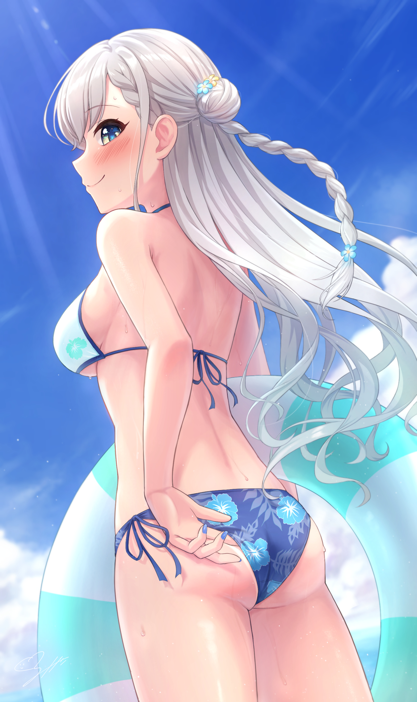 kurumi susuki, hisakawa hayate, idolmaster, idolmaster cinderella girls, commentary request, highres, 1girl, asymmetrical bangs, bikini, blue sky, braid, braided bangs, cloud, cowboy shot, day, floral print, from behind, grey hair, hair bun, innertube, long hair, looking at viewer, looking back, mismatched bikini, outdoors, side-tie bikini bottom, sky, smile, solo, swim ring, swimsuit
