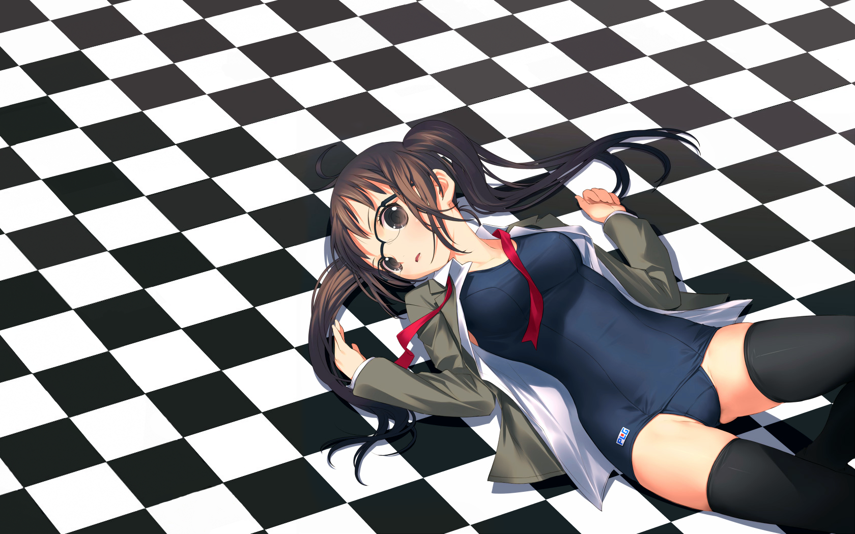 uni (plastic girl), original, highres, 1girl, breasts, brown eyes, brown hair, female focus, floor, glasses, large breasts, long hair, lying, no pants, one-piece swimsuit, open clothes, open shirt, ribbon, school swimsuit, school uniform, serafuku, shirt, solo, swimsuit, swimsuit under clothes, thighhighs, twintails, zettai ryouiki