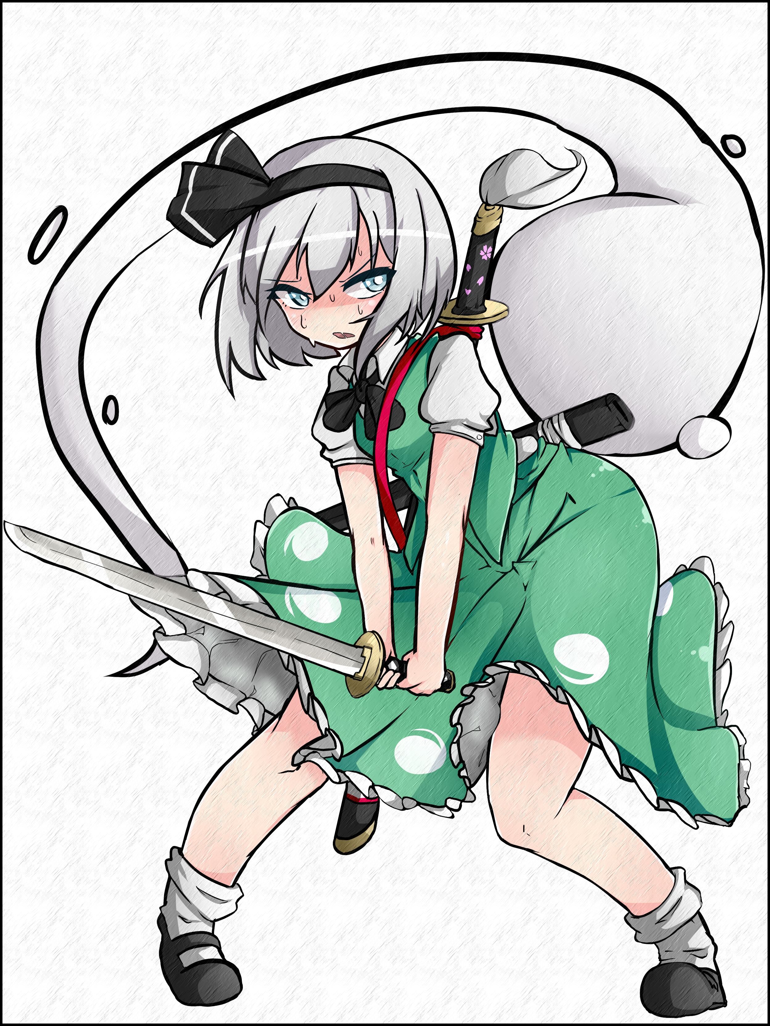 dagger131134 (kama astor), konpaku youmu, konpaku youmu (ghost), touhou, absurdres, highres, 1girl, black bow, black bowtie, black hairband, bow, bowtie, ghost, green skirt, green vest, grey hair, hairband, hitodama print, katana, open mouth, ribbon, short hair, skirt, skirt set, sword, vest, wakizashi, weapon