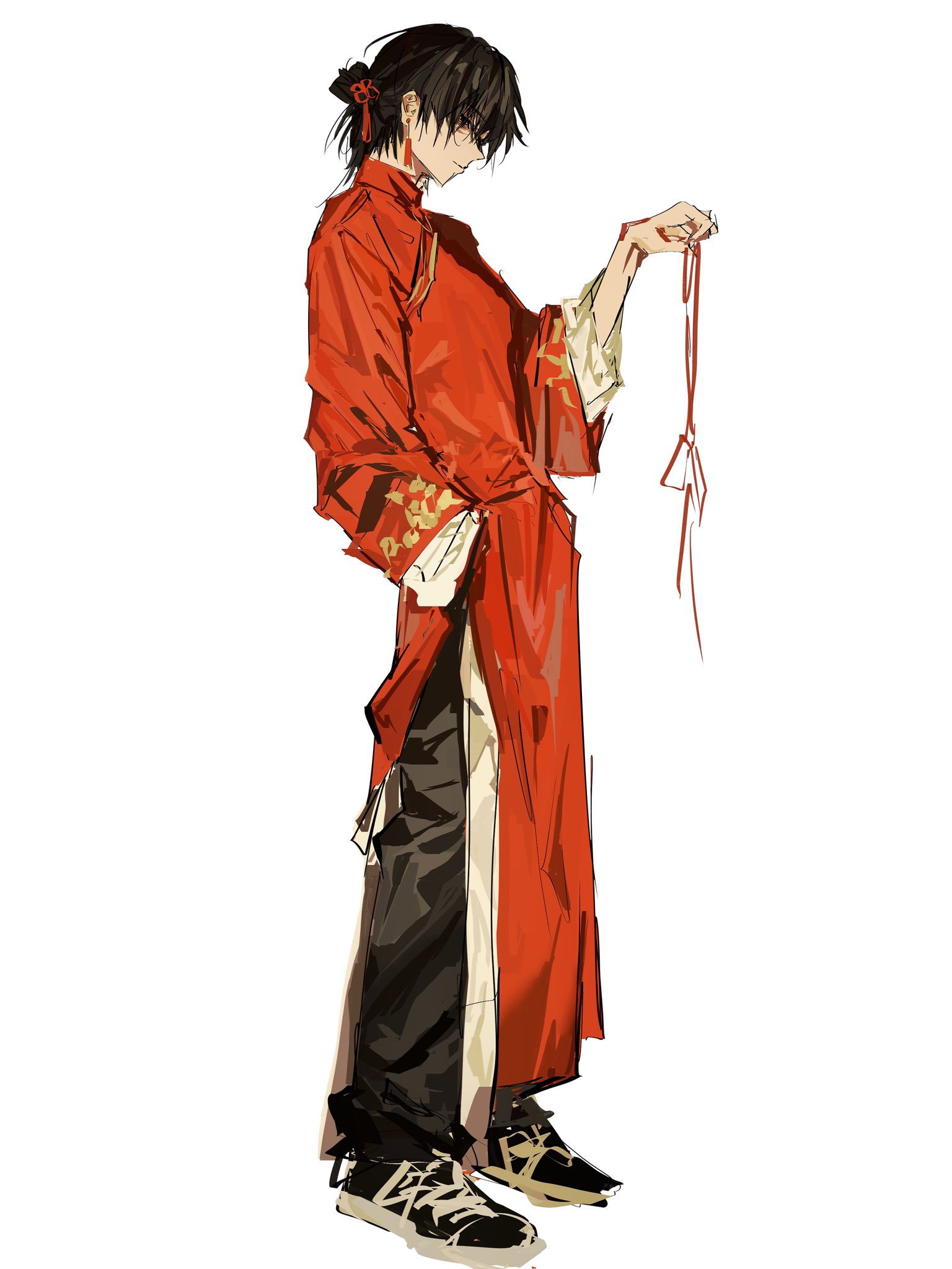 original, highres, 0k sic, 1boy, black eyes, black hair, black pants, black shoes, chinese clothes, closed mouth, half-closed eyes, hand in pocket, hand up, holding, holding ribbon, male focus, medium hair, pants, red ribbon, ribbon, shoelaces, shoes, simple background, smile, solo, white background, wide sleeves